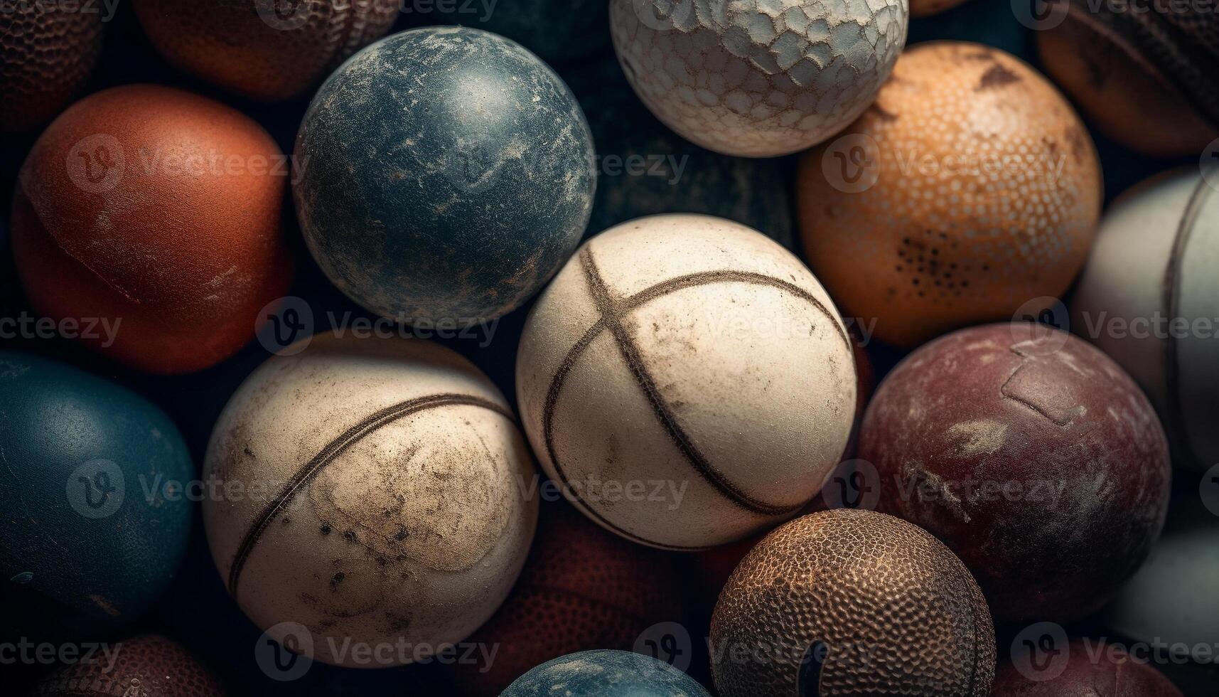 A large collection of sports equipment balls, leather, and equipment generated by AI photo