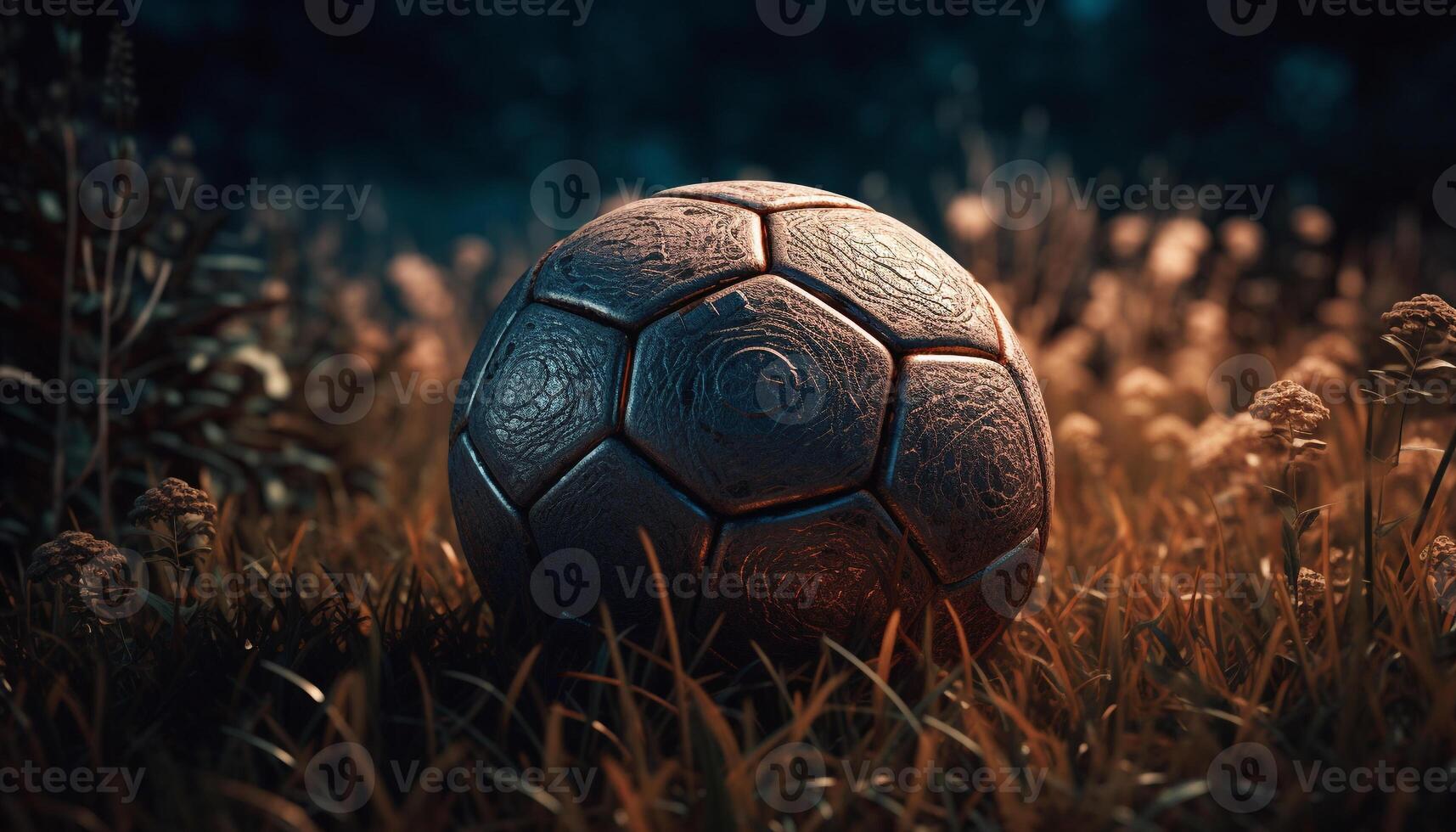 Championship soccer ball rolls on dirty grass in outdoor competition generated by AI photo