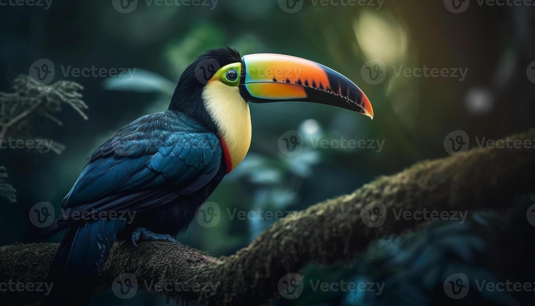 Vibrant macaw and toucan perching on branch in tropical rainforest generated by AI photo