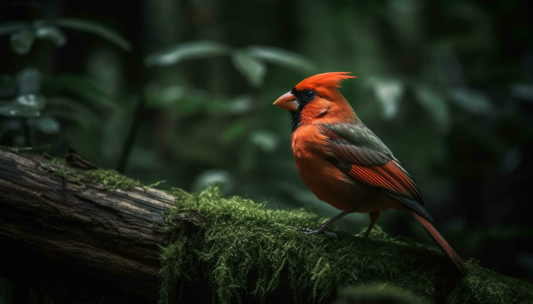 Male Northern Cardinal perching on branch, vibrant colors in focus generated by AI photo