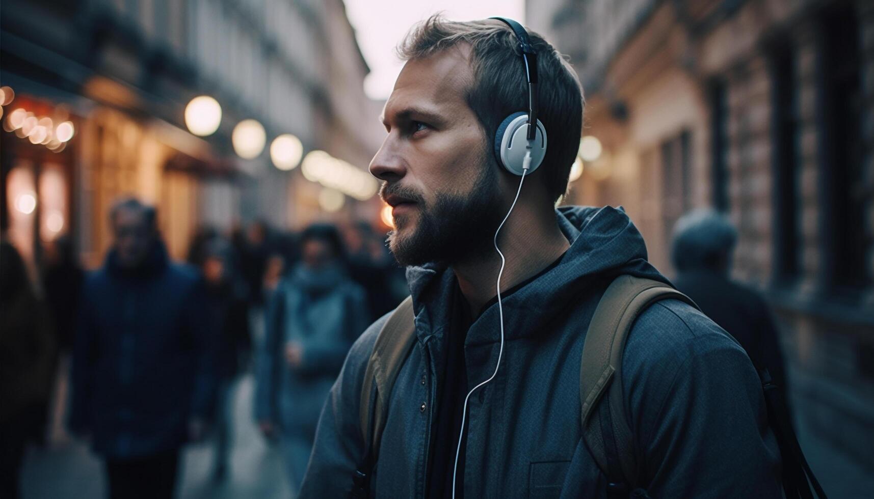 uno joven adulto masculino trotar a noche, escuchando con auriculares generado por ai foto