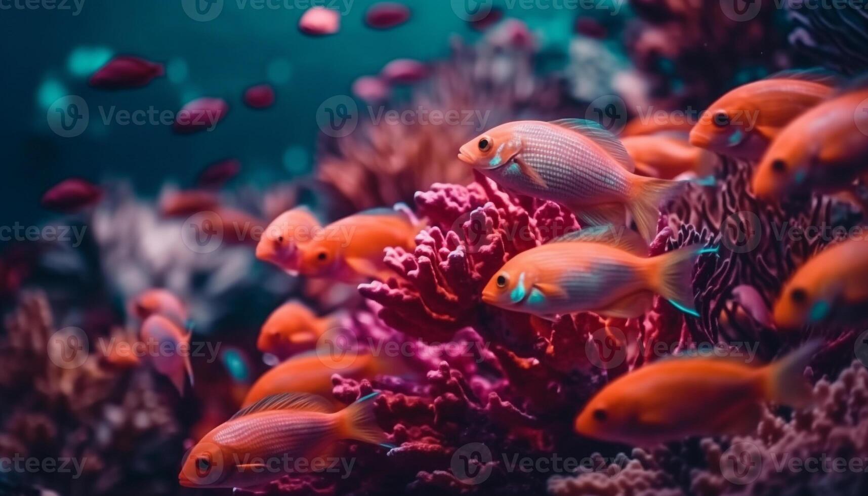 School of multi colored fish swim in beautiful coral reef landscape generated by AI photo