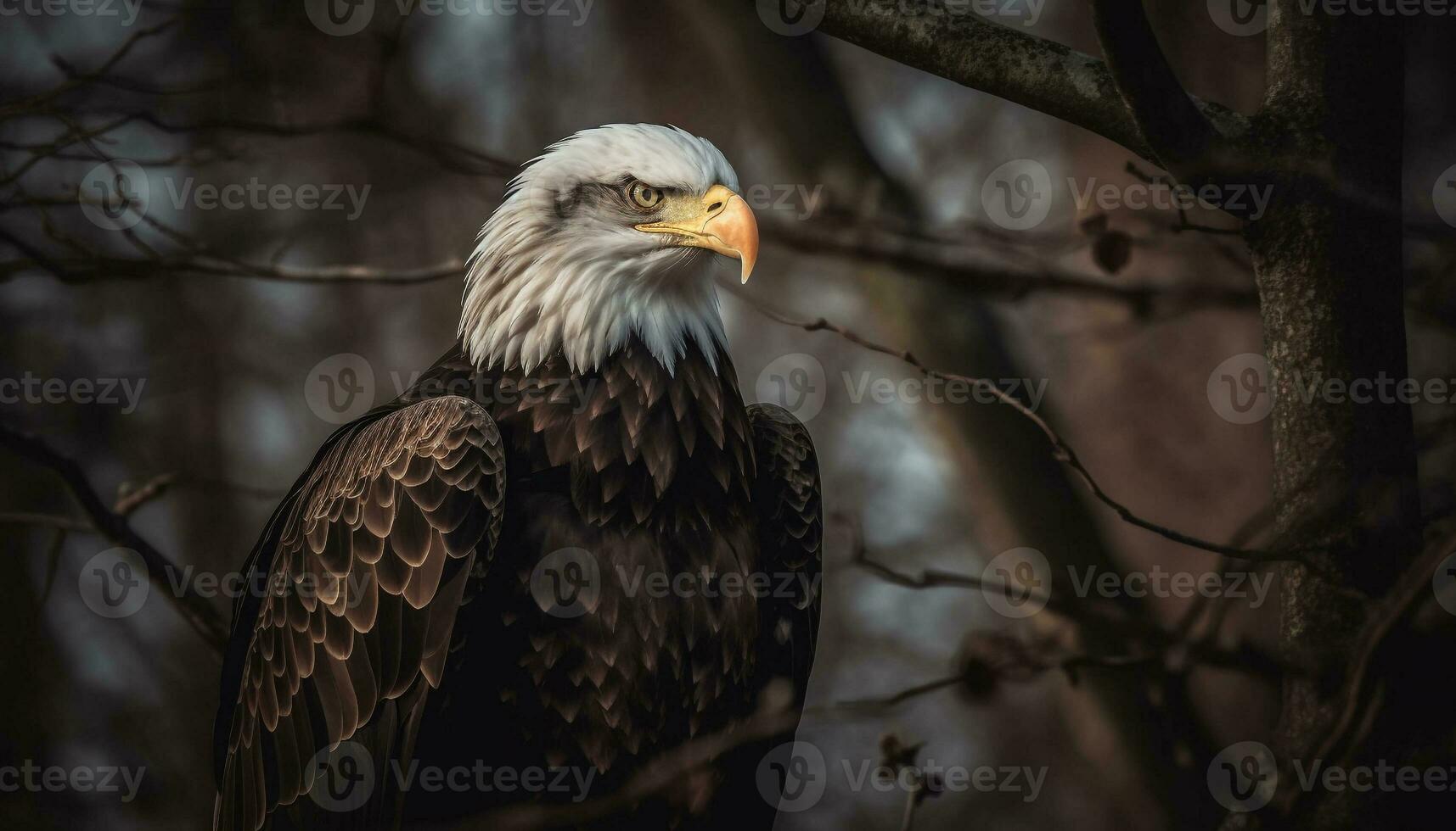 majestuoso calvo águila encaramado en rama, símbolo de americano patriotismo generado por ai foto