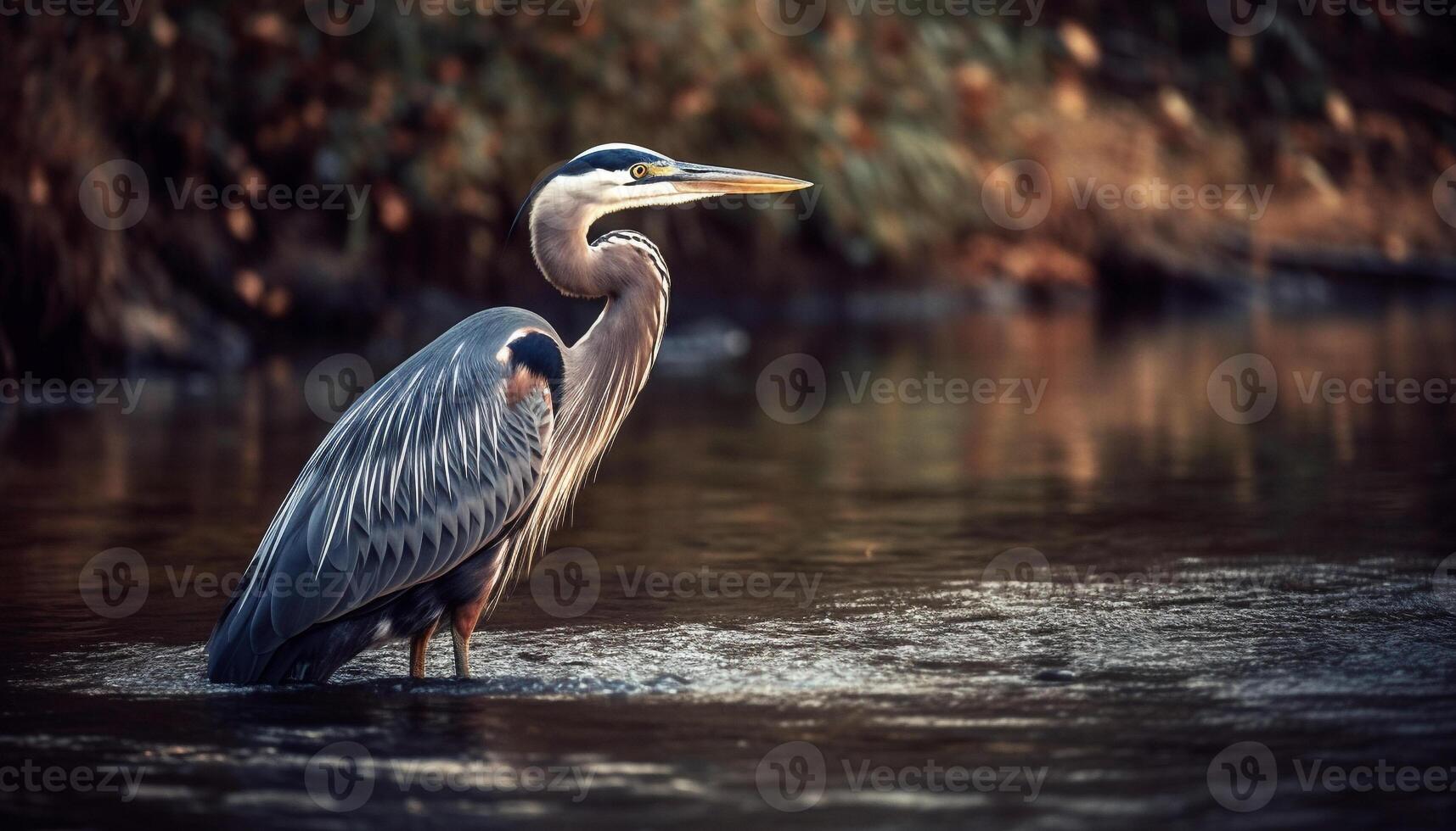 Gray heron standing elegantly, looking at fish in tranquil pond generated by AI photo