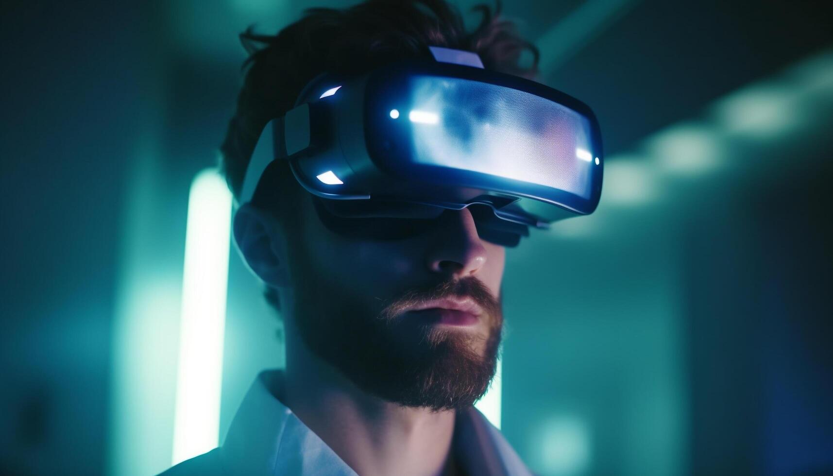The young businessman wearing smart glasses watched the digitally generated image generated by AI photo