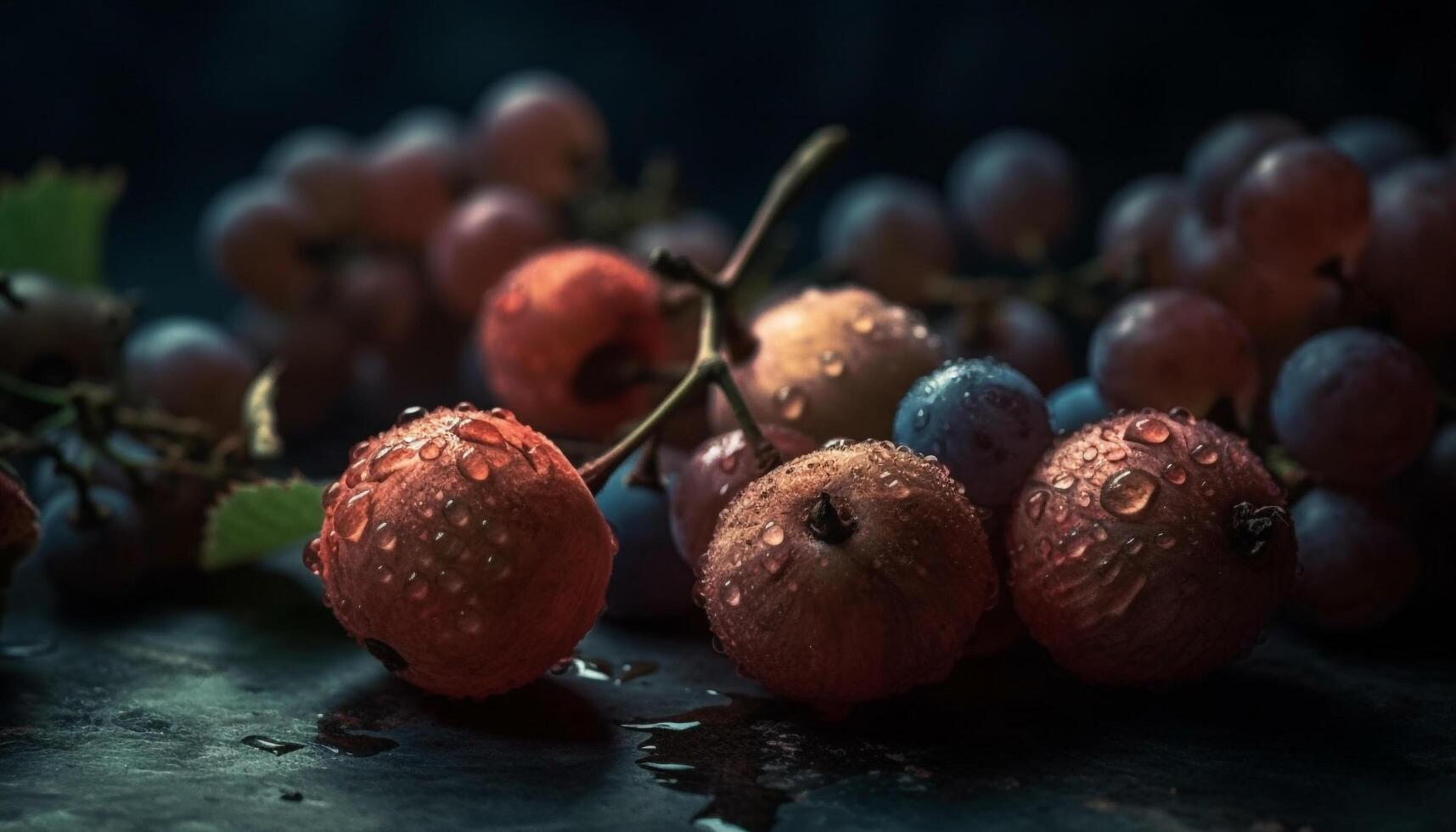 Juicy berry fruits on wooden table, a healthy gourmet snack generated by AI photo
