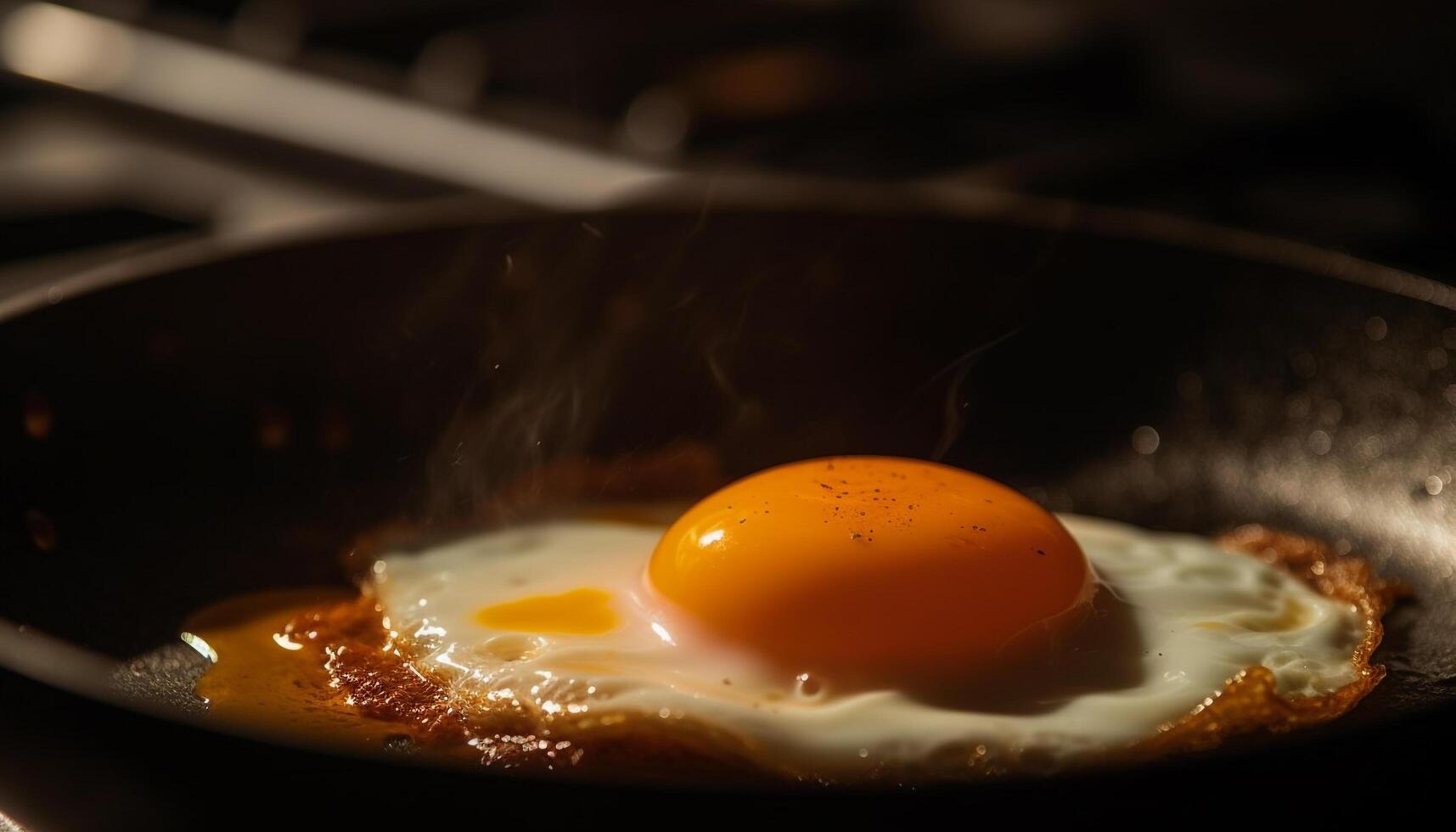 Fried egg sizzles in cast iron pan, a gourmet meal generated by AI photo