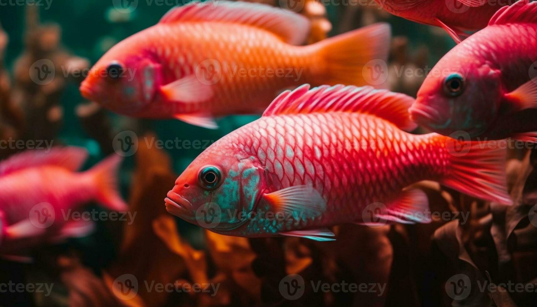 A vibrant school of multi colored fish swim in a reef generated by AI photo