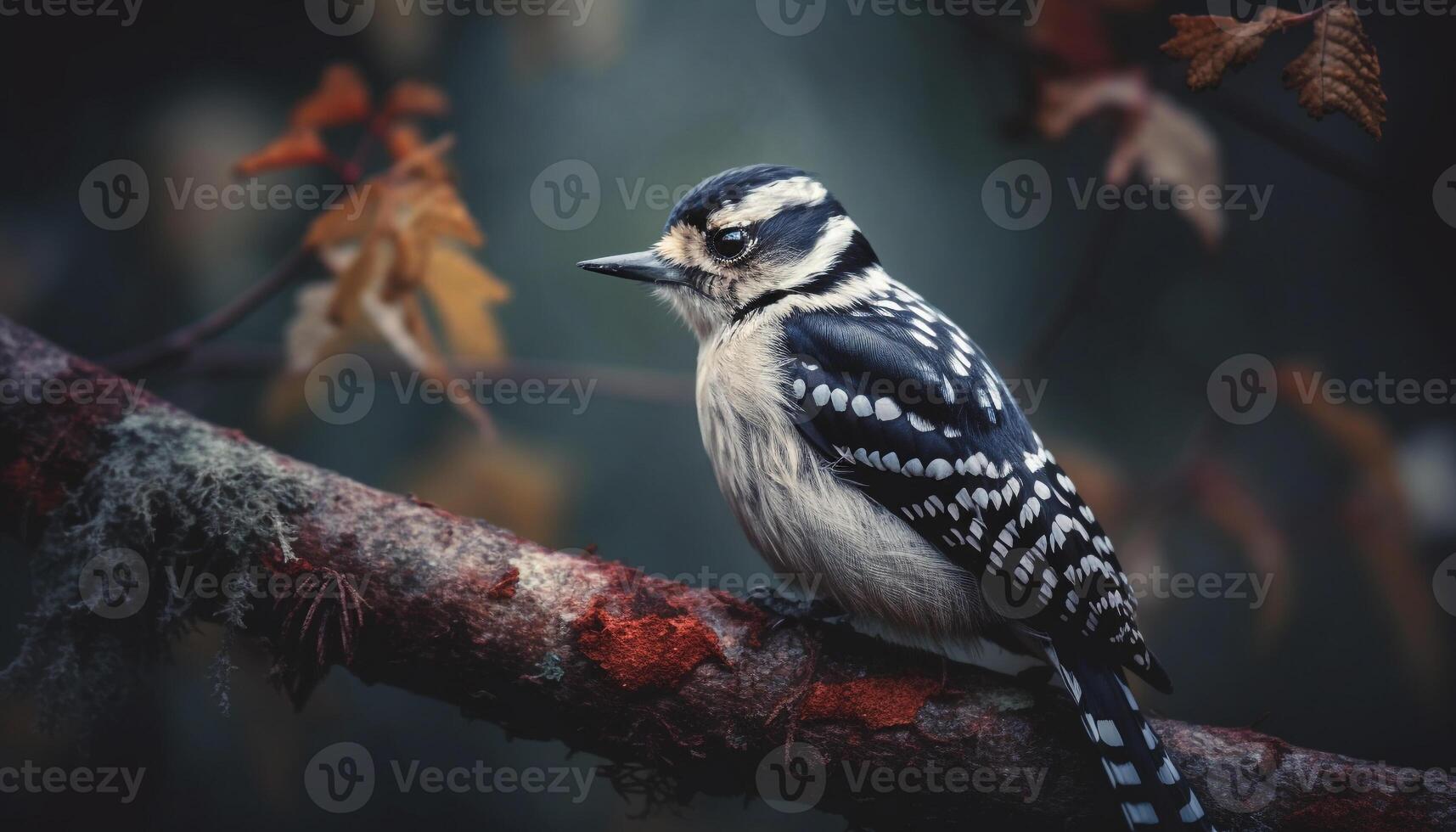 Spotted woodpecker perching on branch, looking at camera, black color generated by AI photo