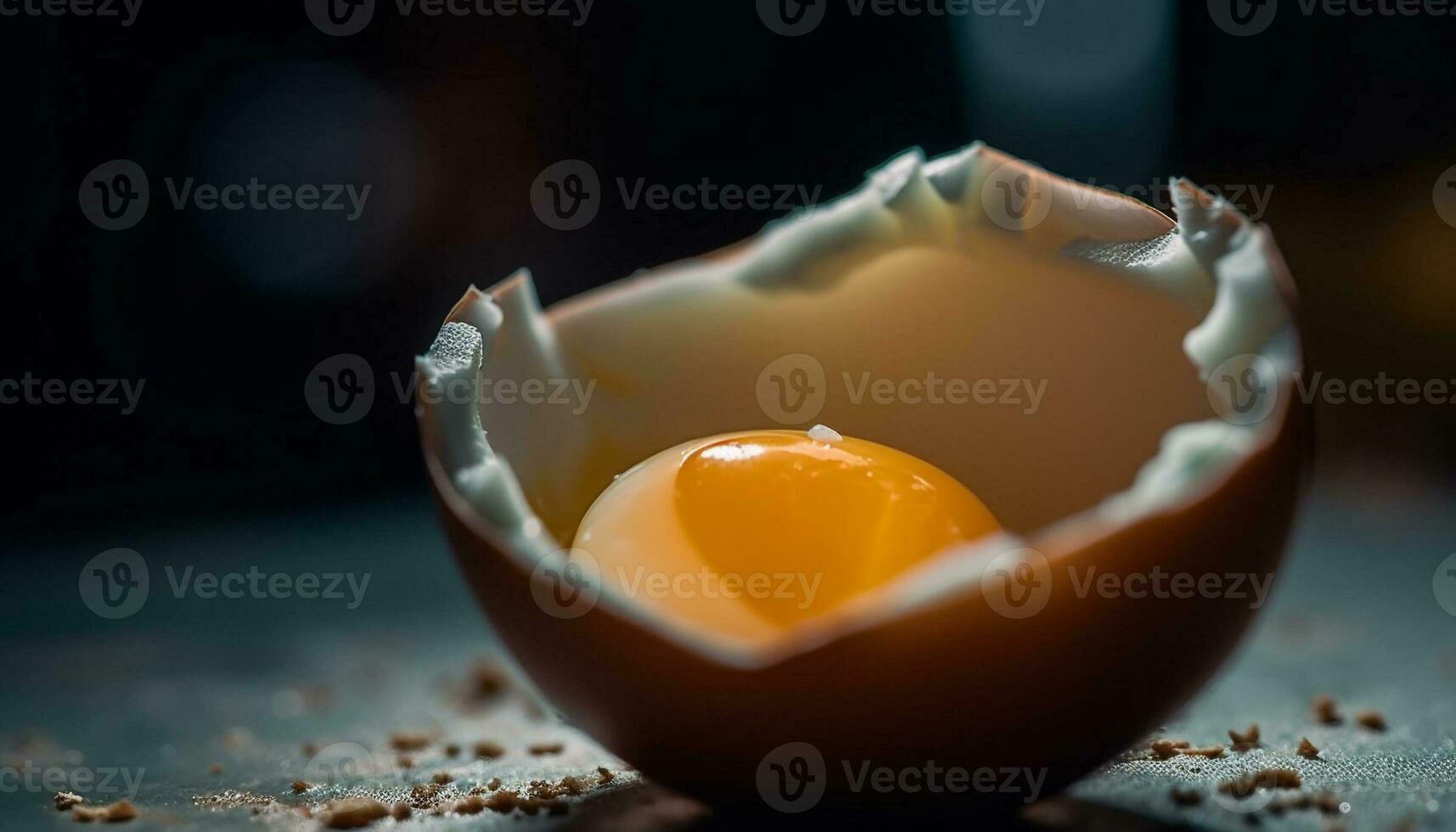 Fresco orgánico huevo yema de huevo en oscuro madera lámina, sano proteína generado por ai foto