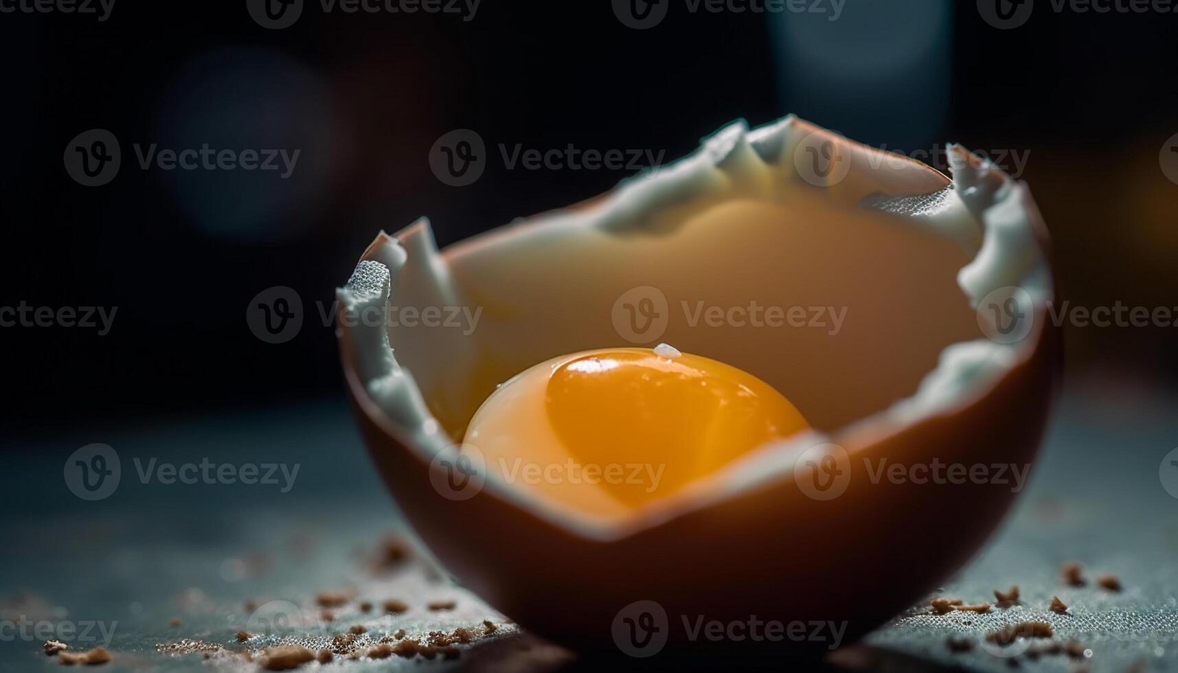 Fresco orgánico huevo yema de huevo en oscuro madera lámina, sano proteína generado por ai foto