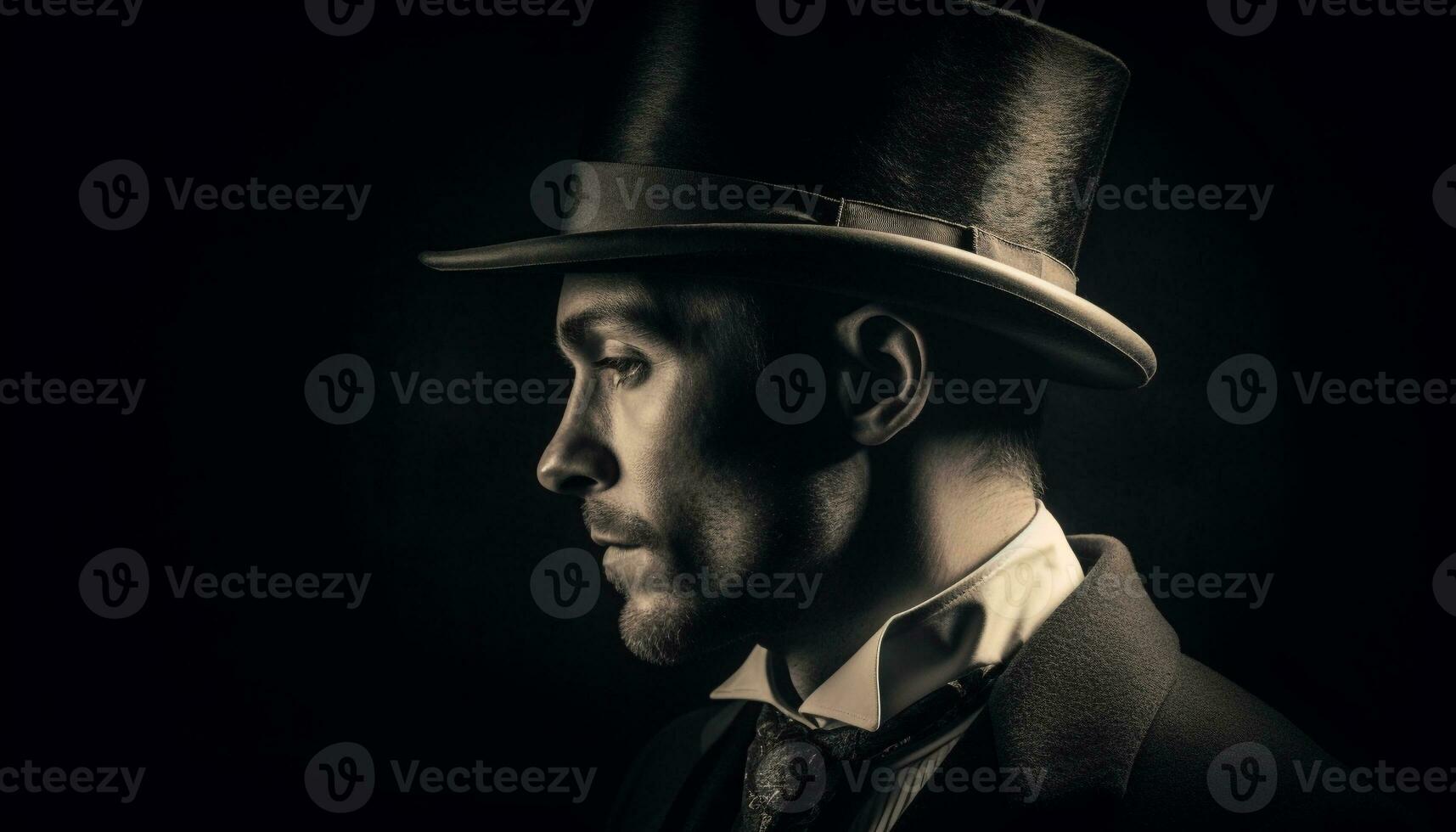 Old fashioned businessman in black and white suit, looking serious generated by AI photo