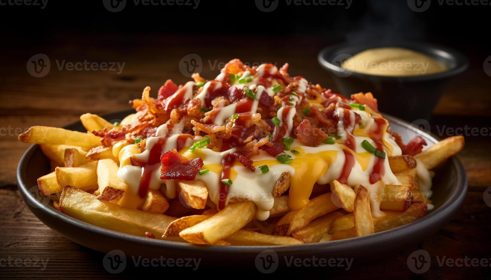 Rustic homemade appetizer Grilled meat stack with crispy fries generated by AI photo