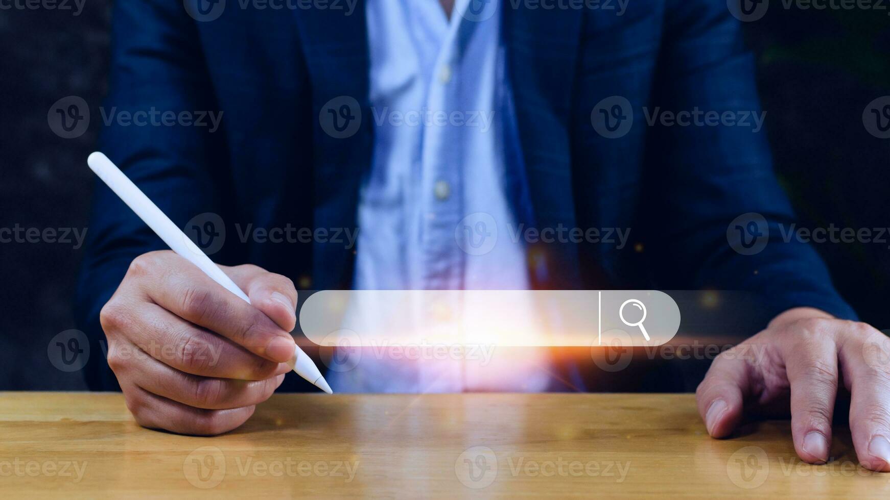 Businessman touching data search box information technology Search Engine Optimization. uses a search box to search for information on the Internet. photo