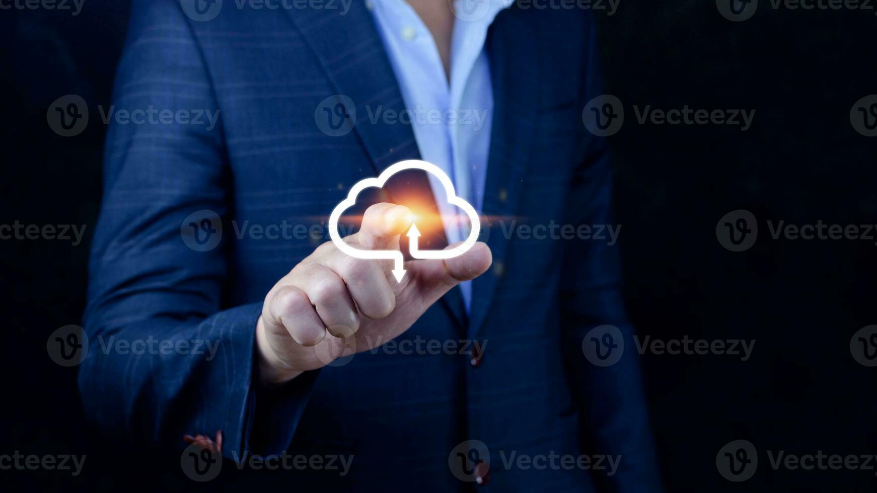 Businessman touching virtual cloud computing to transfer database. information upload, download application. Technology business transformation data concept..Big data Concept photo