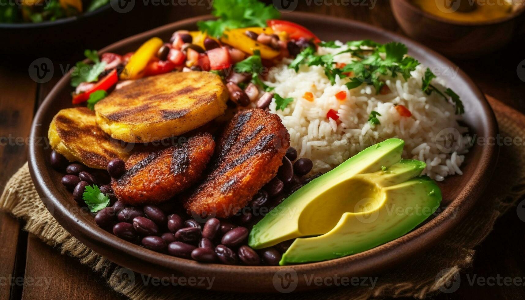 A la parrilla Cerdo con Fresco vegetal ensalada, un sano gastrónomo comida generado por ai foto