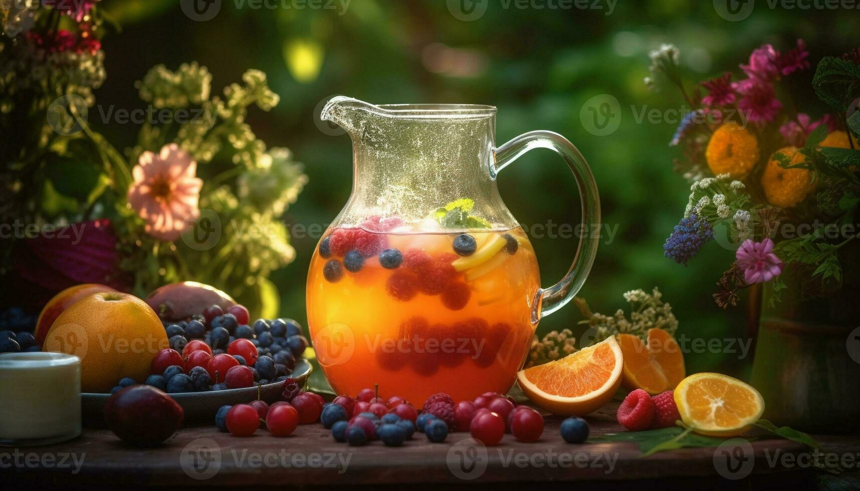 Rustic jug holds fresh organic berry cocktail on wooden table generated by AI photo