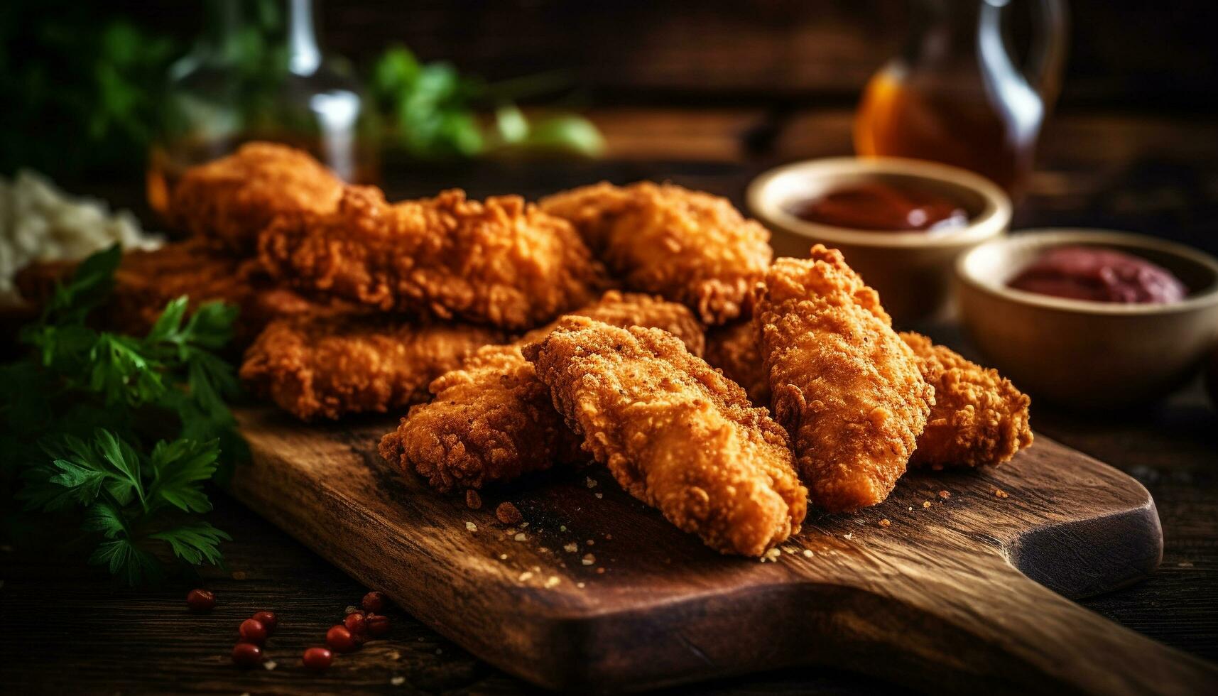 Deep fried buffalo chicken wings with savory sauce, served on rustic plate generated by AI photo