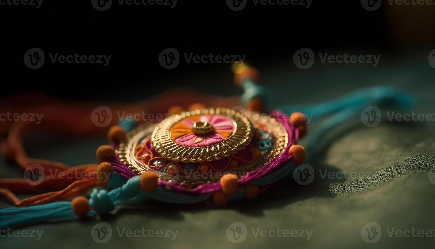 Ornate wristband adorned with multi colored beads symbolizes Indian spirituality generated by AI photo