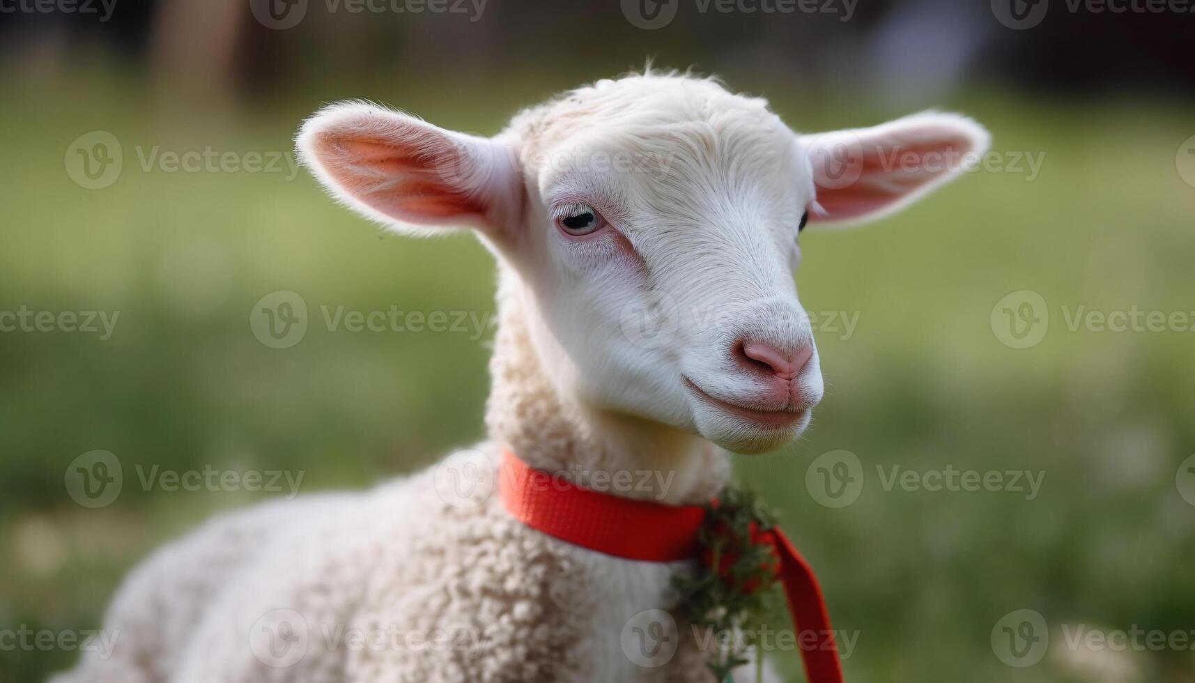 Fluffy merino lamb grazes on green pasture in rural meadow generated by AI photo