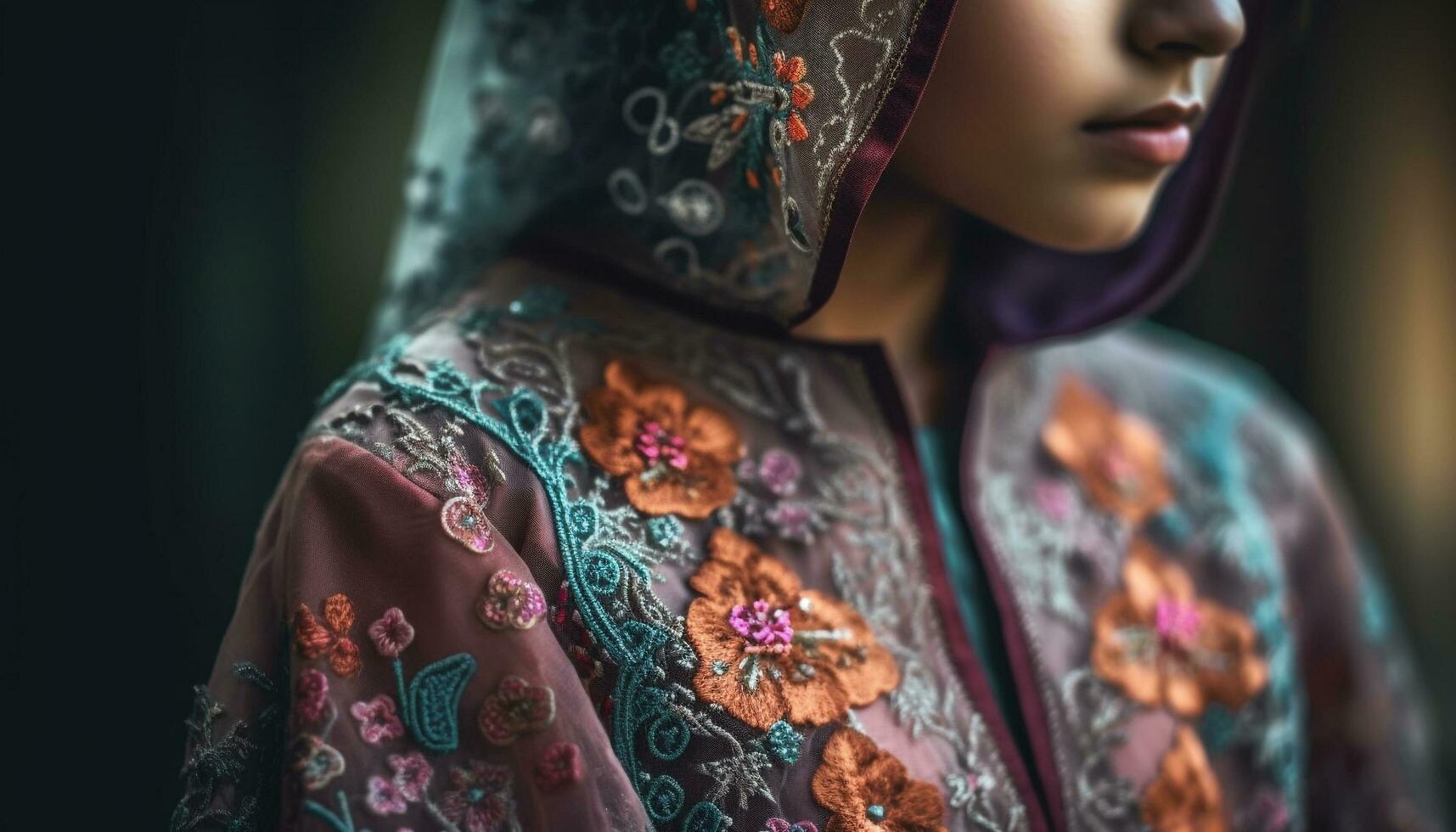 One young woman in traditional clothing wears a mysterious hijab generated by AI photo