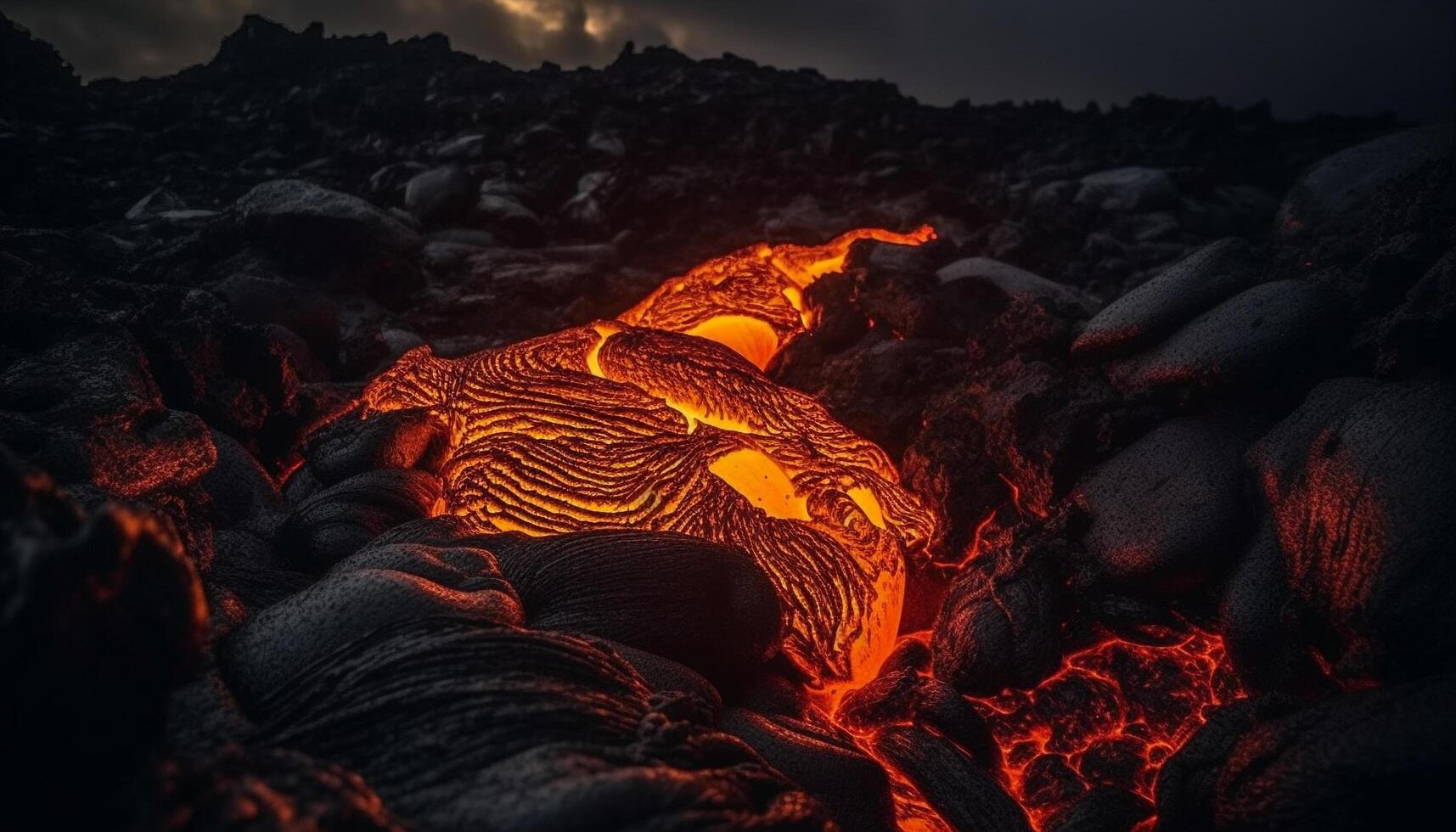 The fiery sunset over the volcanic landscape was a beauty generated by AI photo