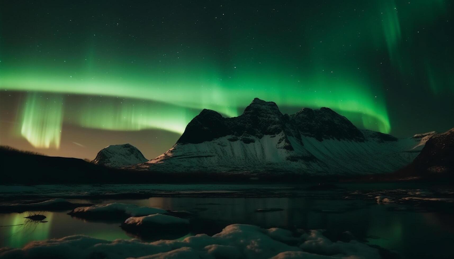 Awe inspiring arctic landscape illuminated by multi colored aurora polaris generated by AI photo