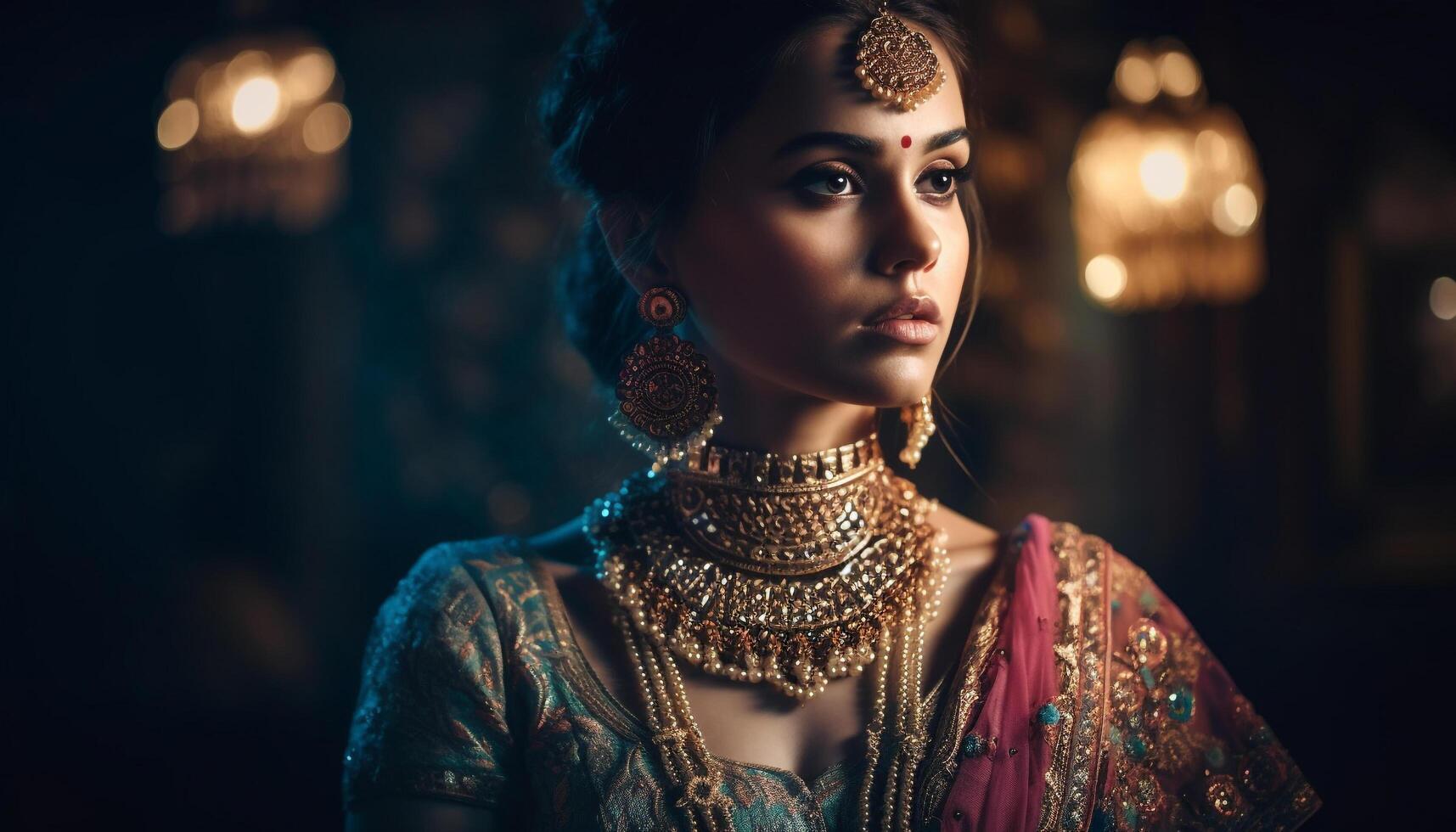 Confident Indian beauty exudes sensuality in traditional clothing and jewelry generated by AI photo