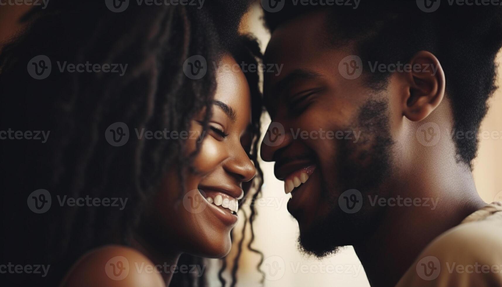 African and Caucasian couple embrace outdoors, smiling with toothy joy generated by AI photo