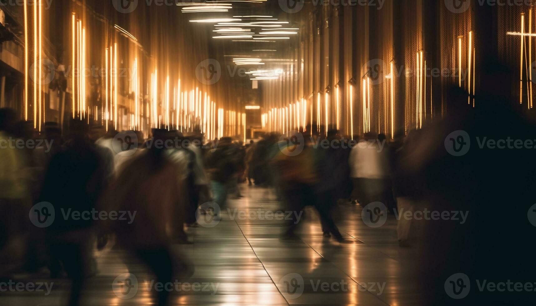 Rushing commuters blur through modern subway station at nightfall generated by AI photo