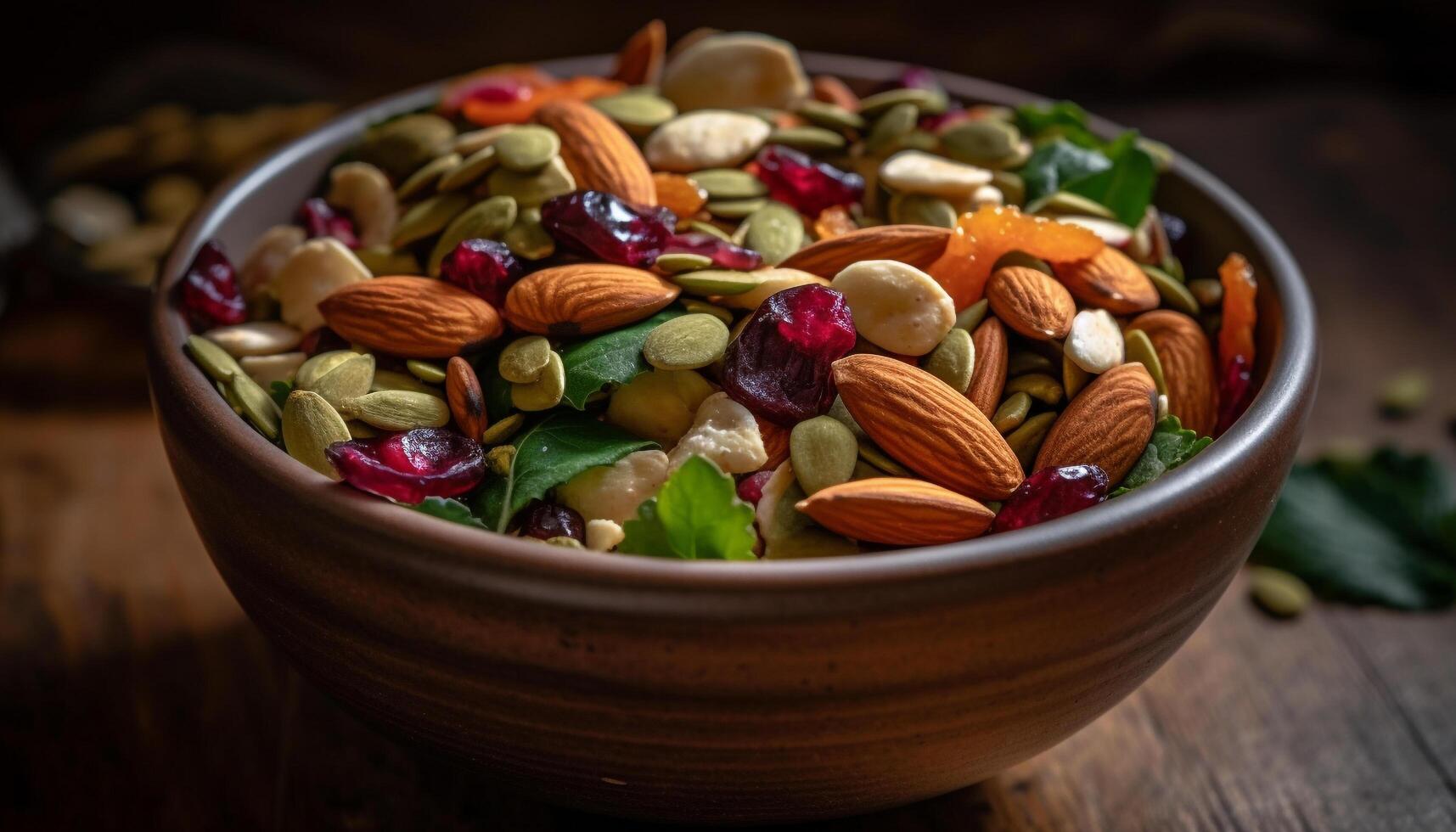 A gourmet fruit bowl with organic almonds, cashews, and pecans generated by AI photo