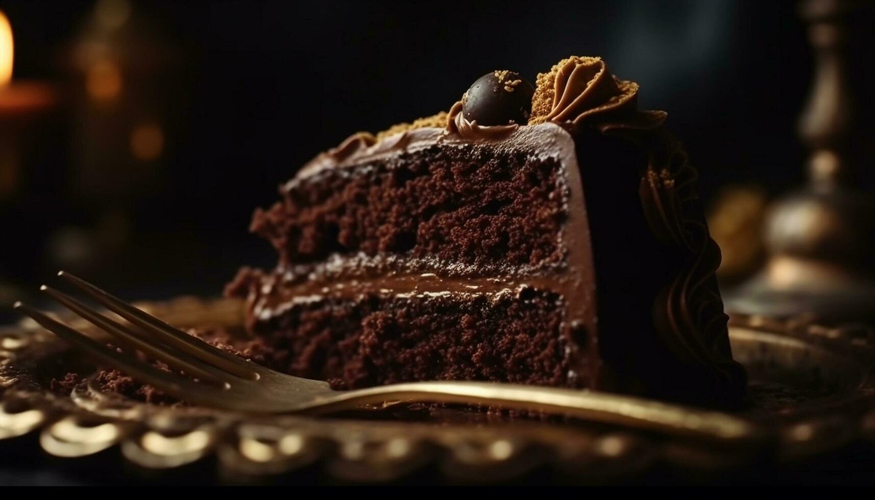 un decadente rebanada de hecho en casa chocolate pastel, Listo a comer indulgencia generado por ai foto