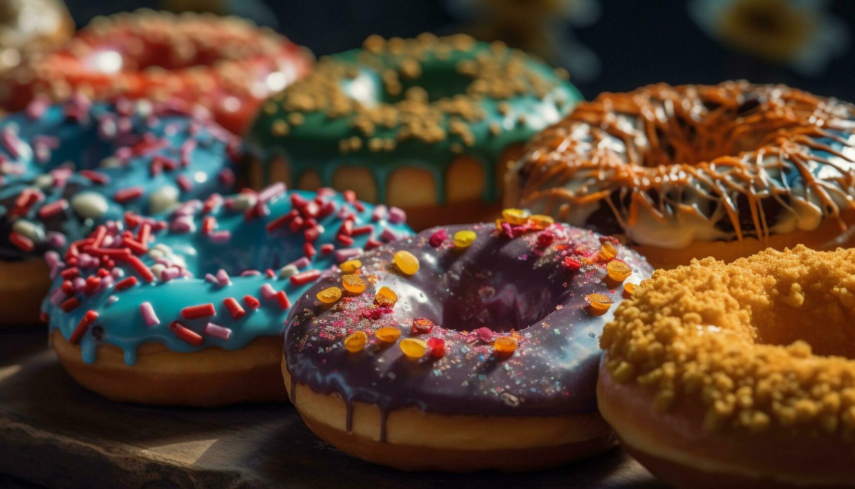 A multi colored glazed donut on a rustic wood table generated by AI photo