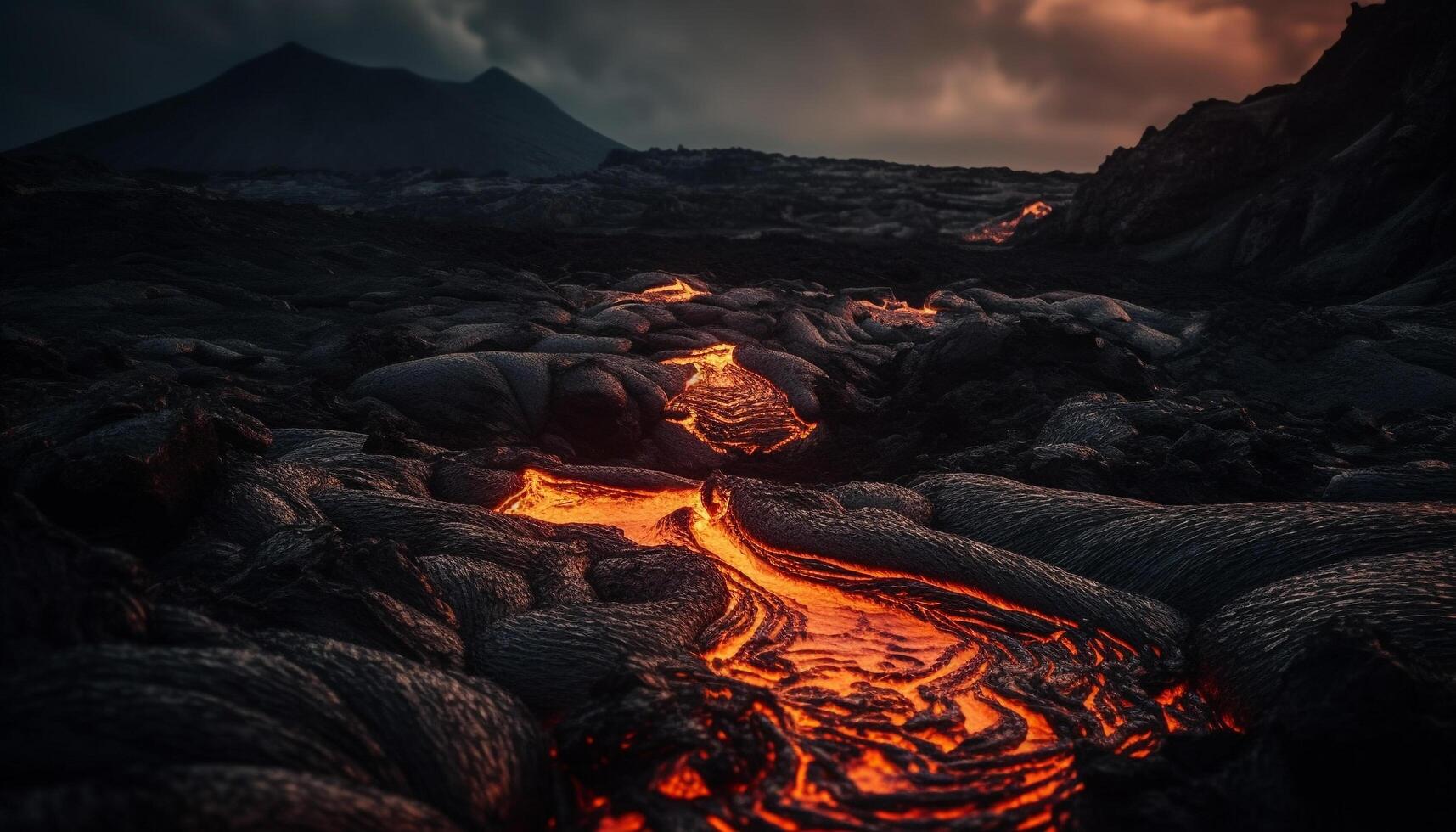 Burning mountain range erupts, smoke and ash fill the sky generated by AI photo