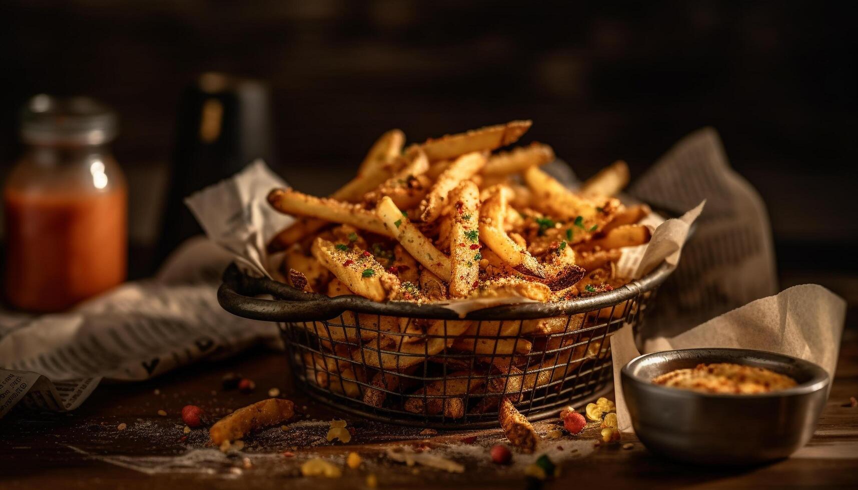 Deep fried French fries and beef stack on rustic wooden plate generated by AI photo