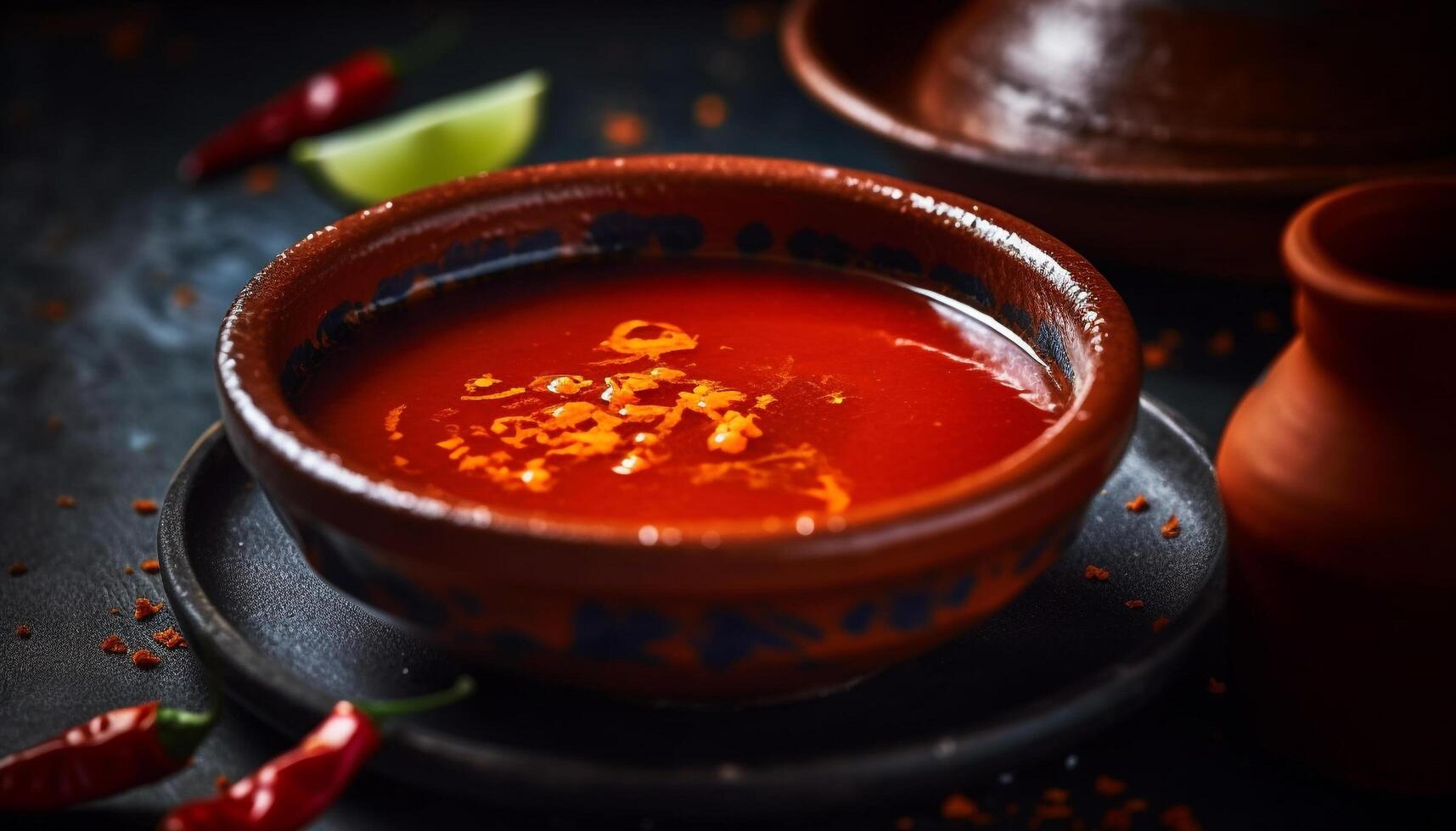 A healthy vegetarian soup with chili pepper and cilantro garnish generated by AI photo