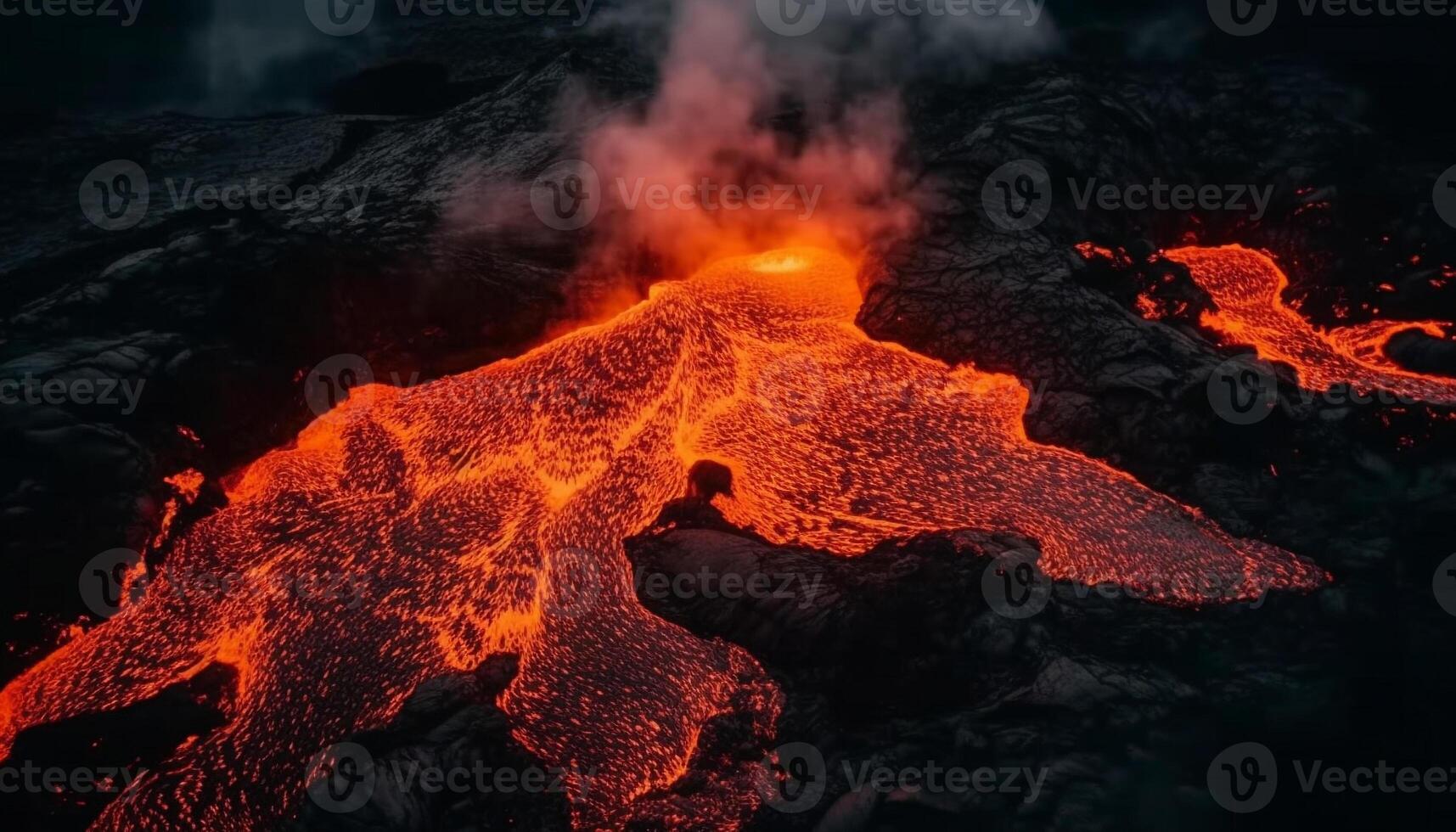 Melting lava flows in fiery inferno, polluting natural landscape generated by AI photo