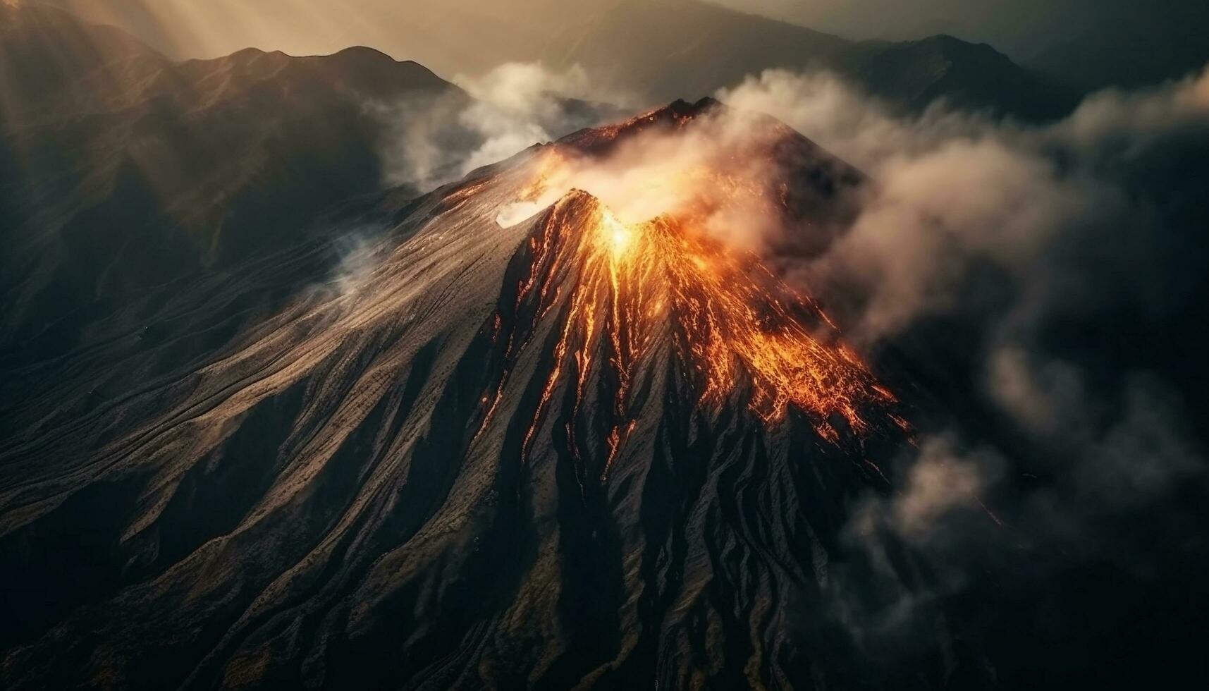 aventuras espera en el en erupción volcánico paisaje a oscuridad generado por ai foto