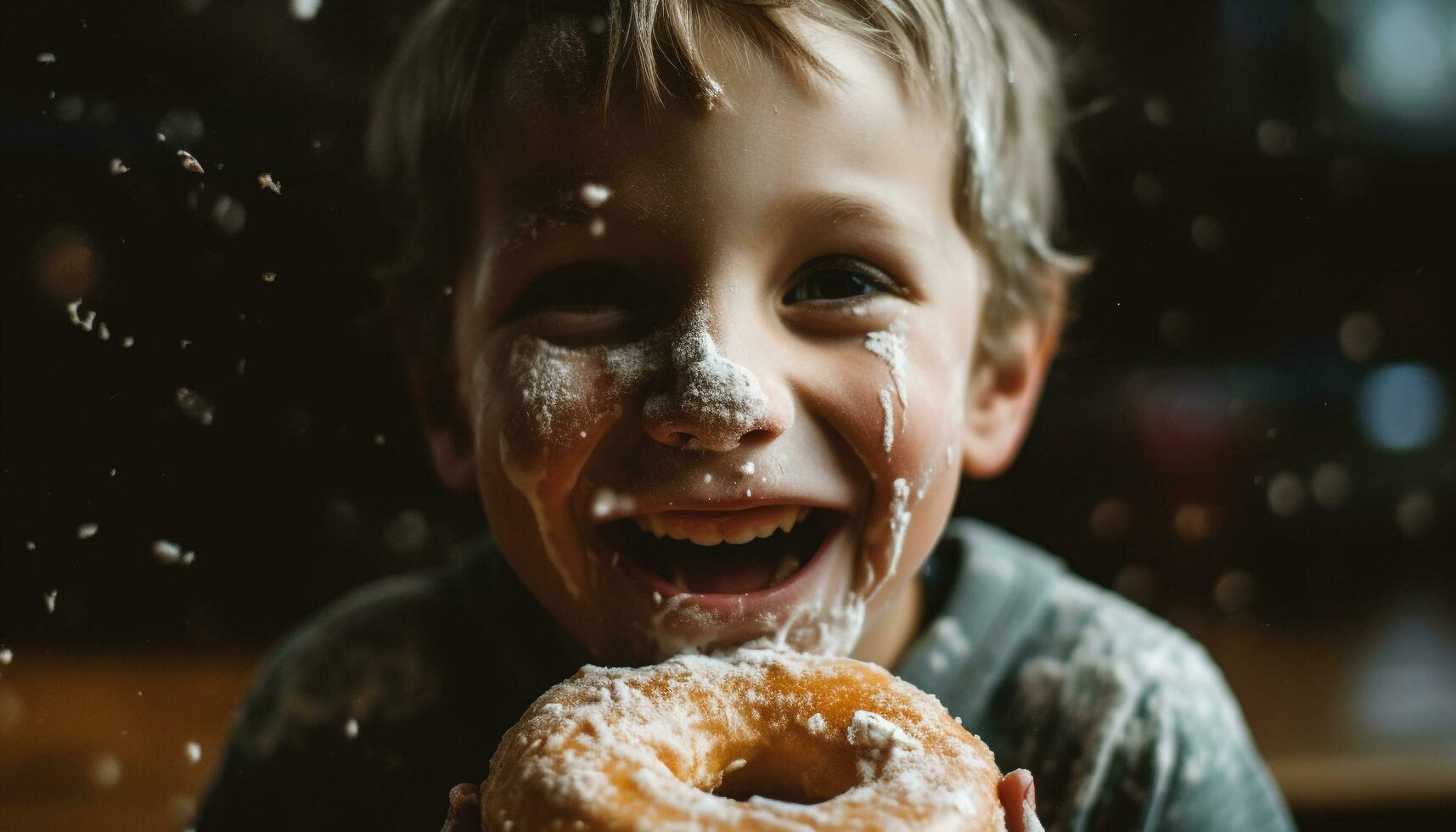 One boy only, playing outdoors, drops donut, mischief ensues generated by AI photo