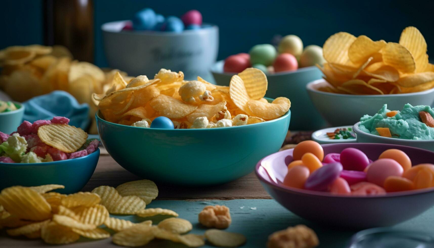 A gourmet meal with fresh prepared potato chips and French fries generated by AI photo