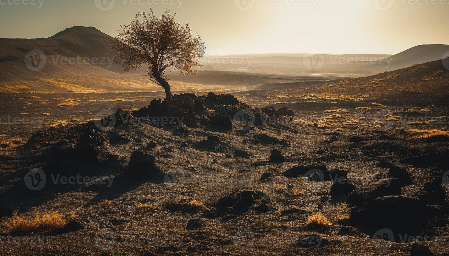 Silhouette of mountain range back lit by tranquil sunset sky generated by AI photo