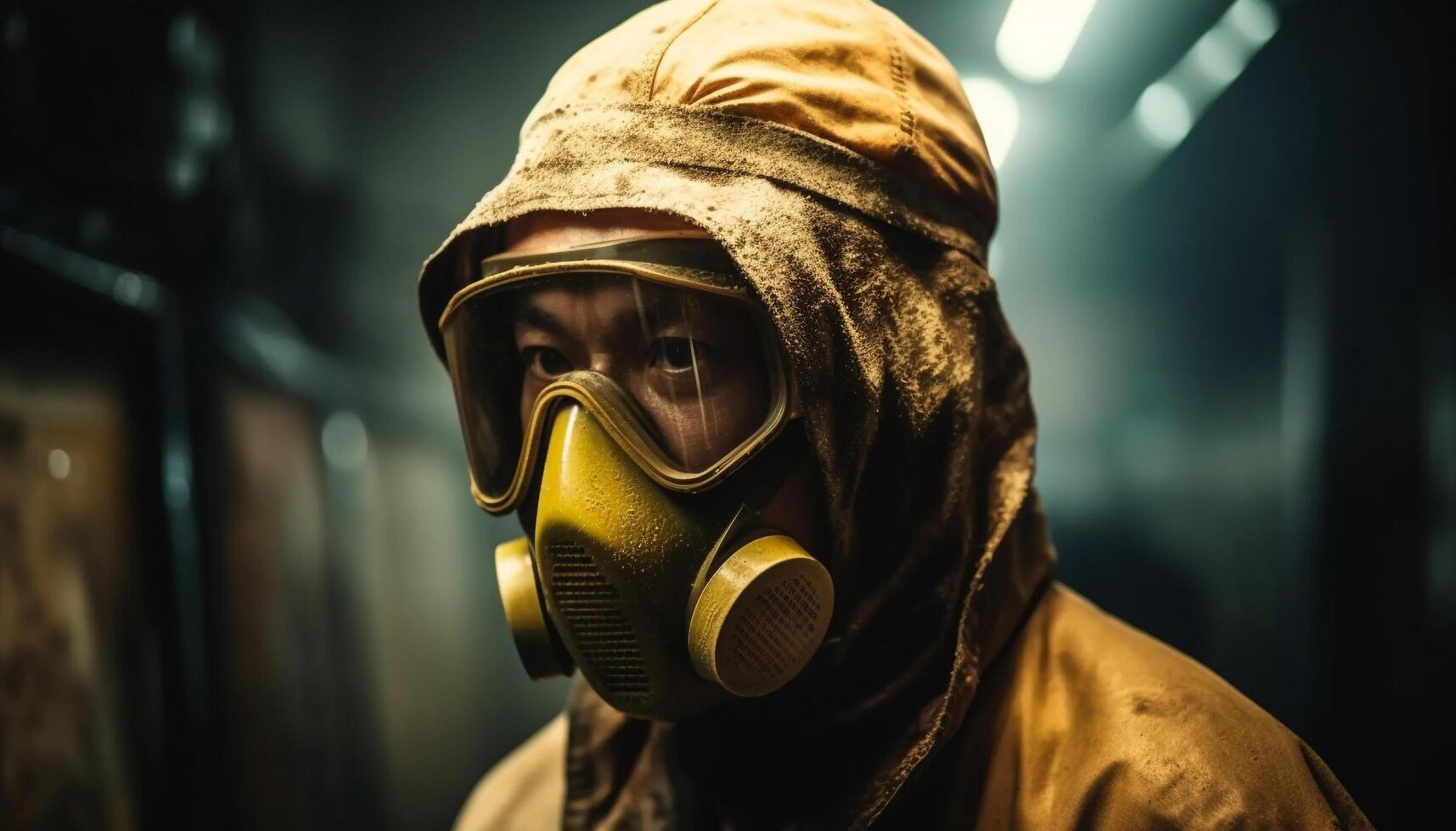 One person in protective workwear and gas mask working indoors generated by AI photo