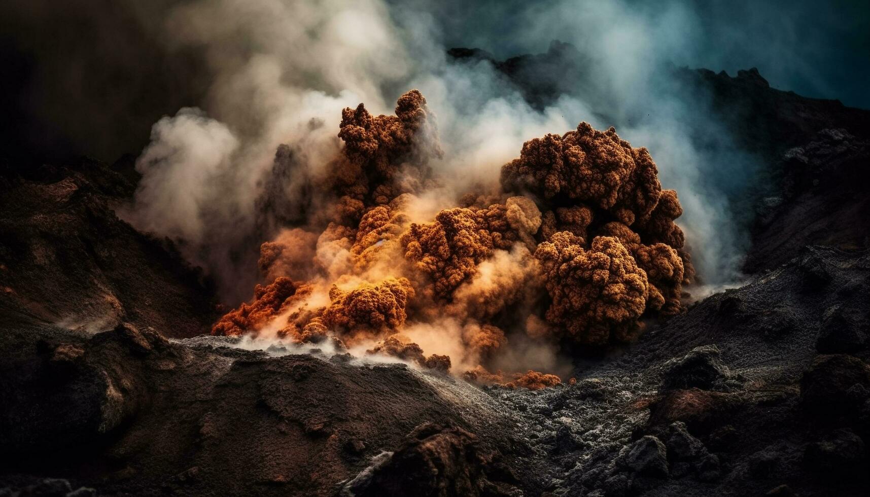 volcánico paisaje entra en erupción, destruyendo físico estructura y contaminador ambiente generado por ai foto