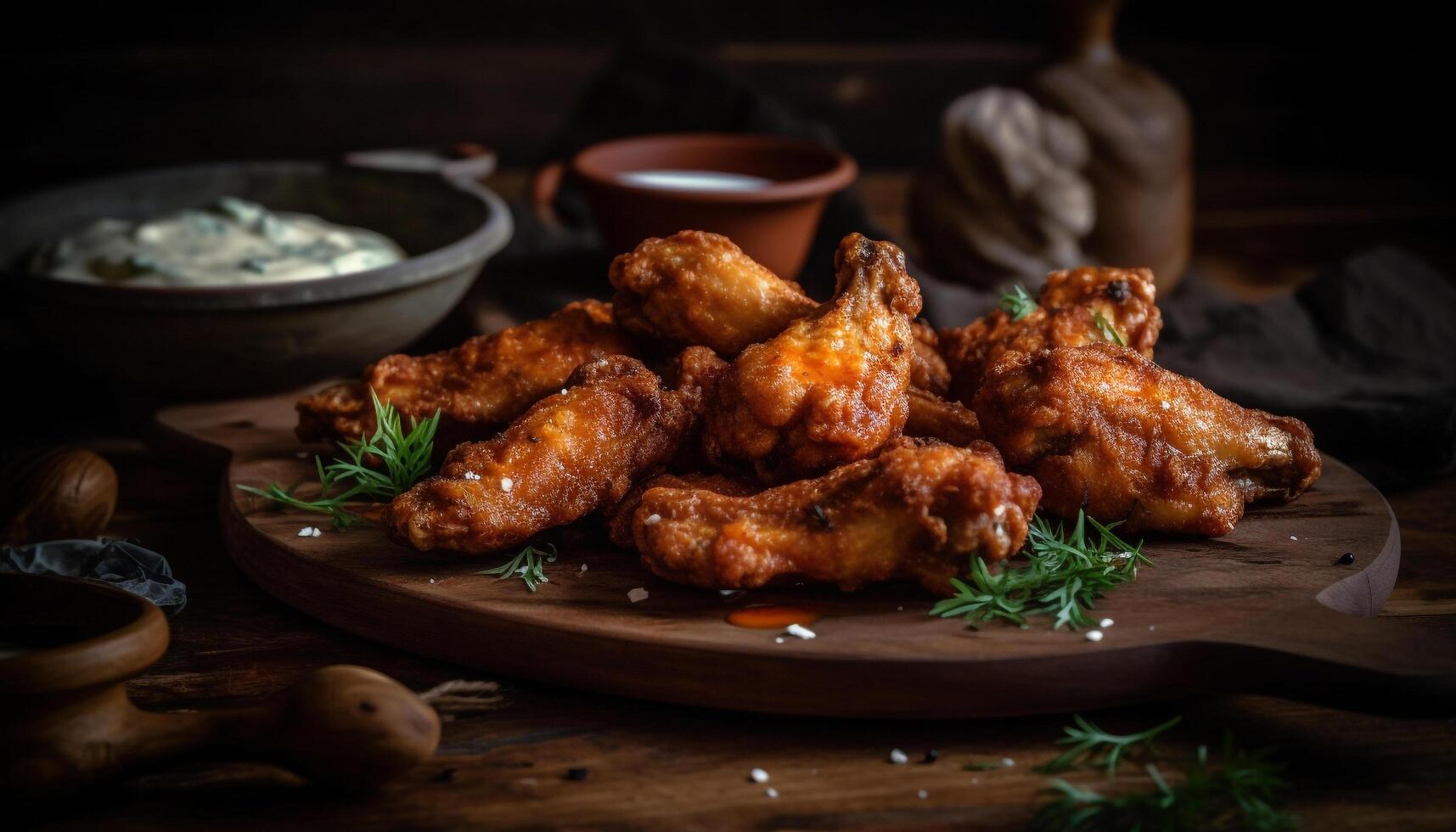 Grilled chicken wings with savory sauce, a gourmet appetizer generated by AI photo