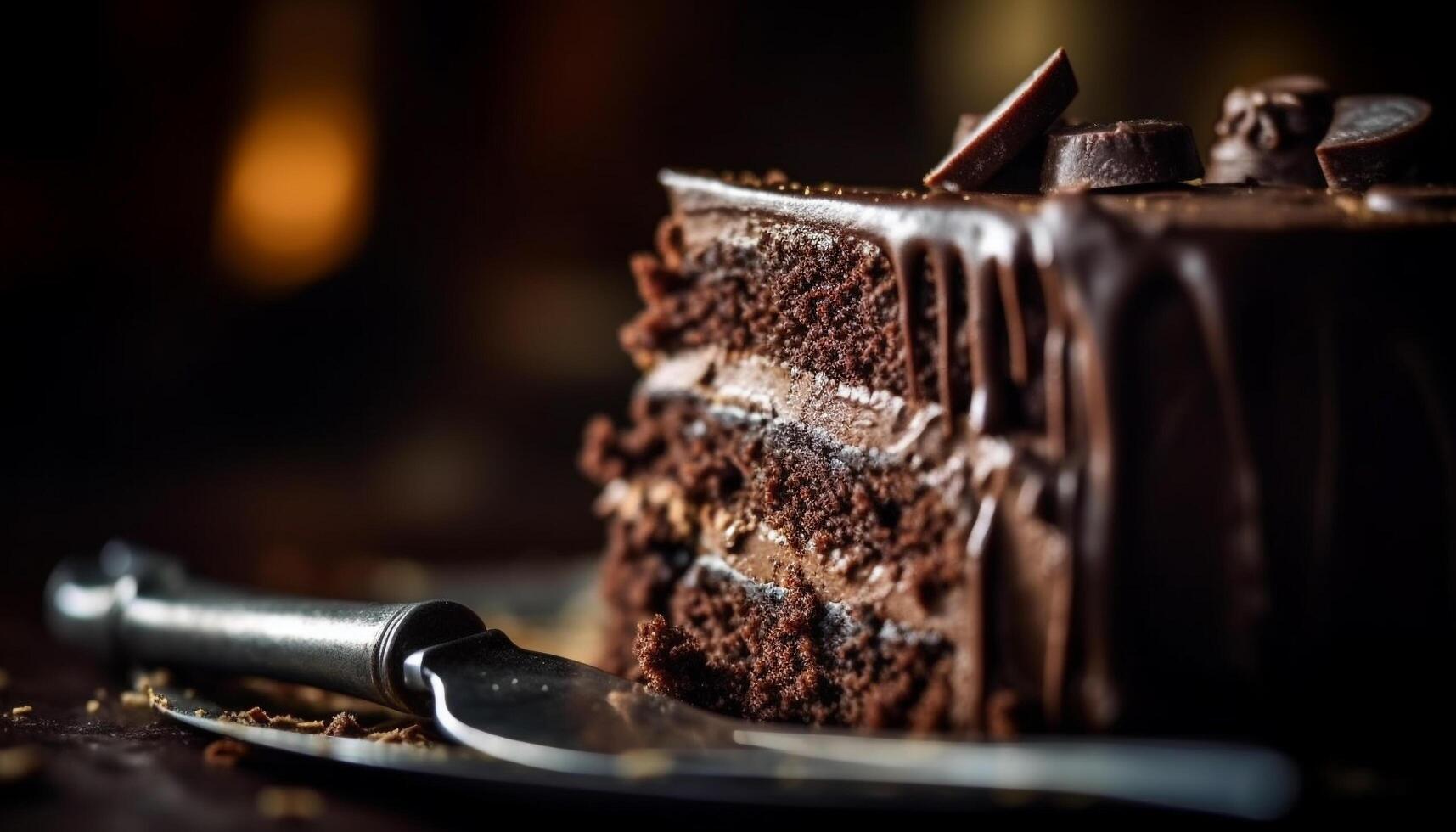 Indulgent homemade chocolate cake with fudge and chocolate icing decoration generated by AI