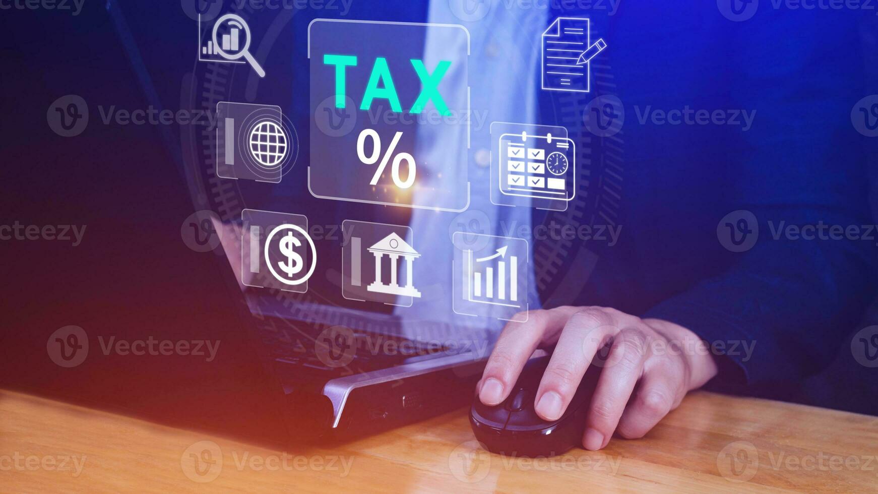 Business using computer to complete Individual income tax return form online for tax payment. Government, state taxes. Data analysis, paperwork, financial research, Calculation tax return. photo