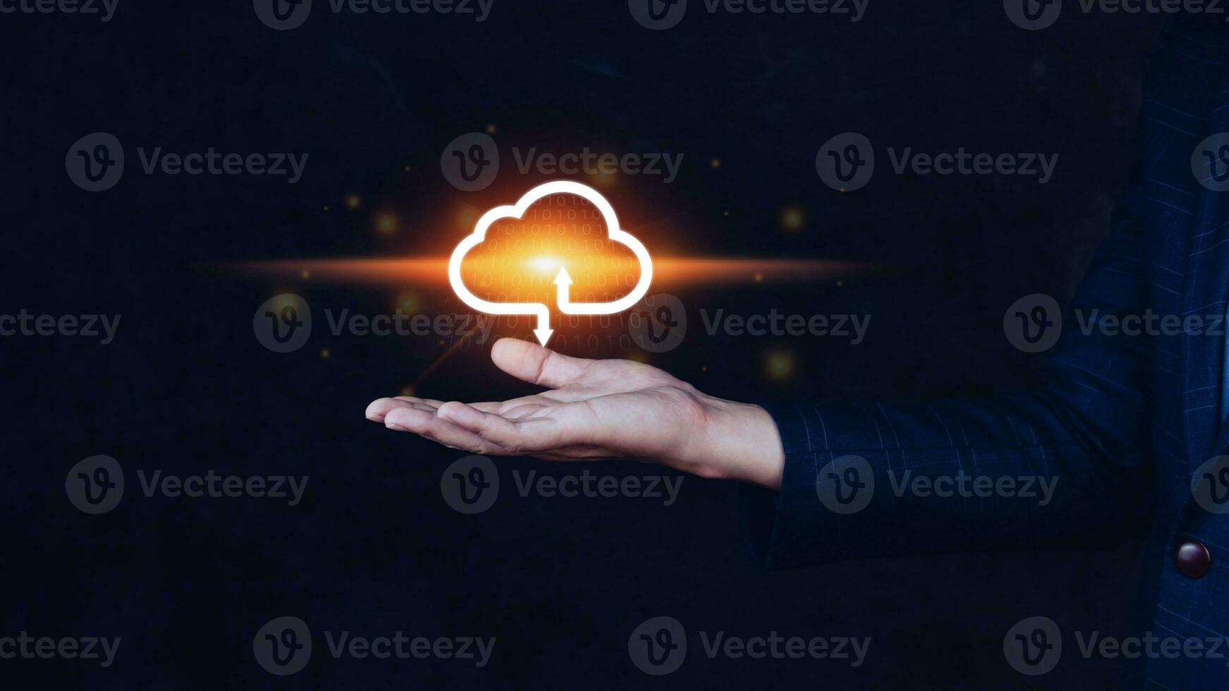 Businessman holding and giving virtual cloud icon computing with copy space to transfer data information and upload download application. technology transformation concept.Big data Concept photo
