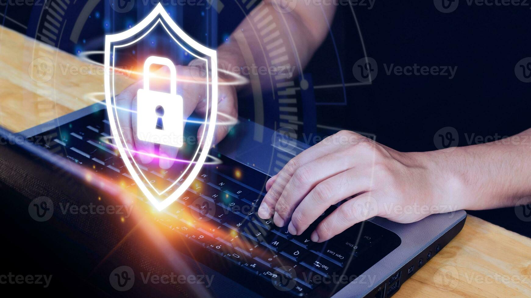 Computer network protection, secure and safe your data concept, businessman holding shield protection icon, Security shield Lock Security Businessman Protect Concept photo