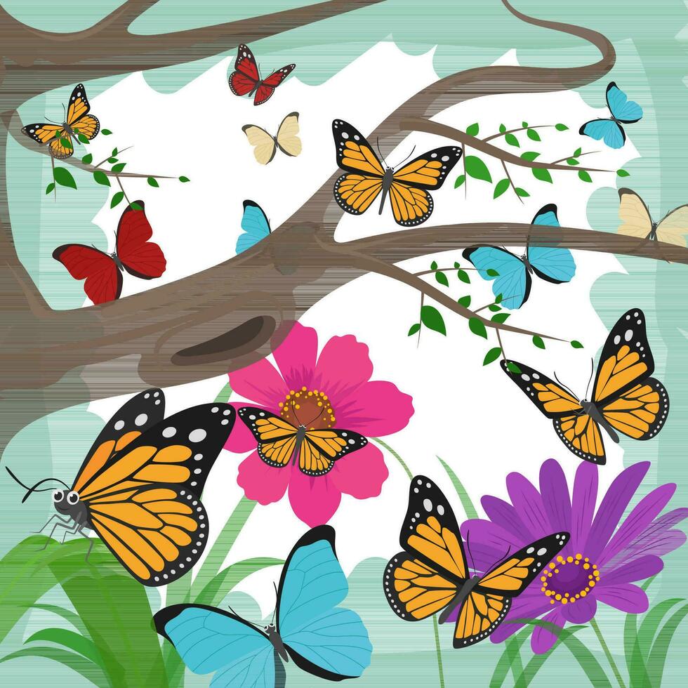 Flying Butterfly With Flowers And Tree Background, Vector Illustration