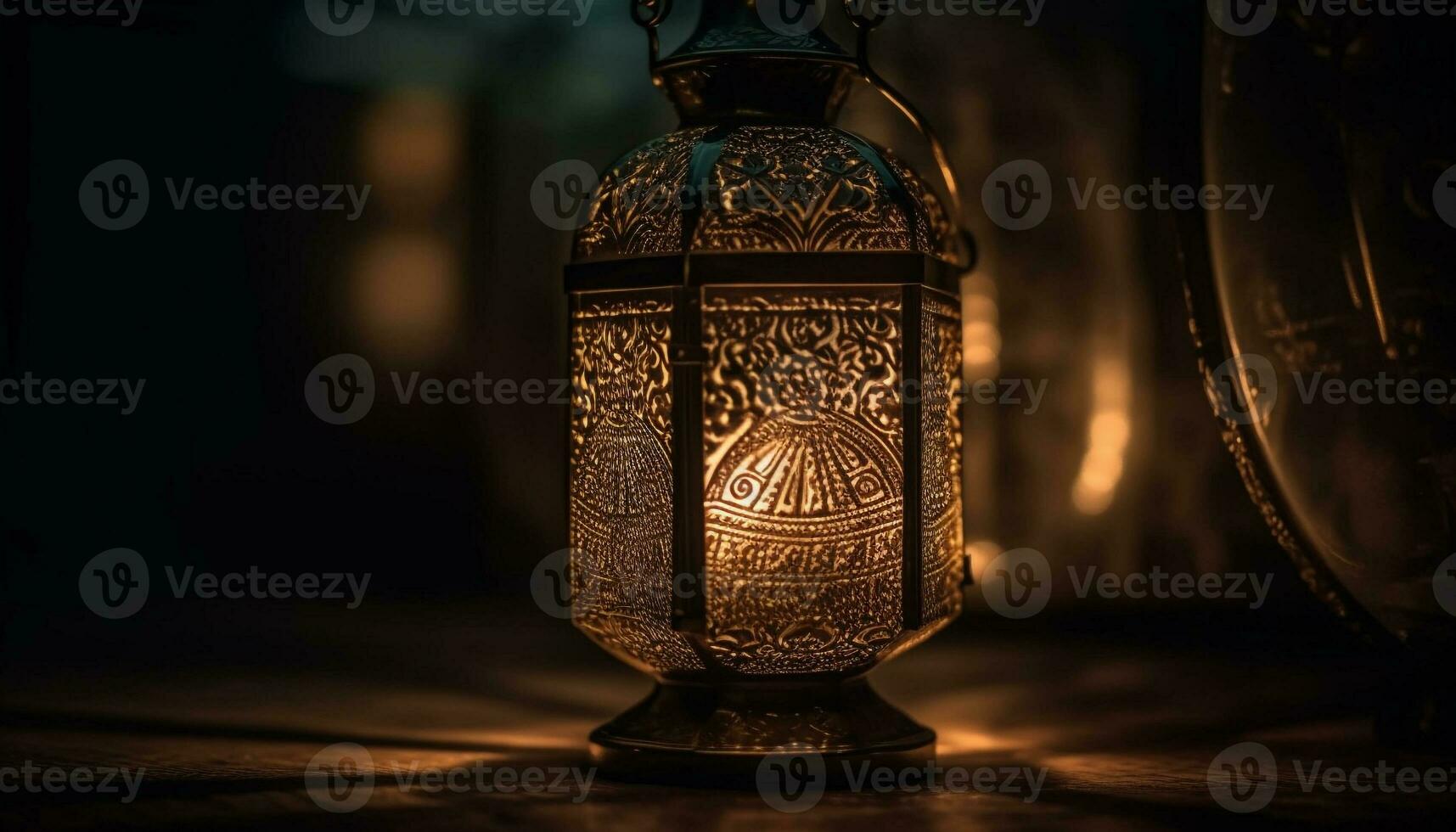 Antique lantern illuminates rustic table in celebration generated by AI photo